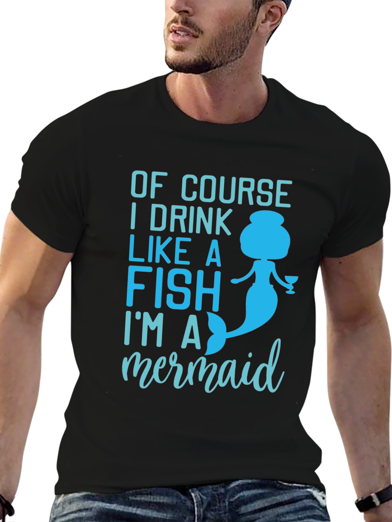 Mermaid Drink Like a Fish Black Graphic T-Shirt