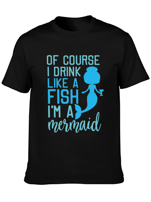 Mermaid Drink Like a Fish Black Graphic T-Shirt