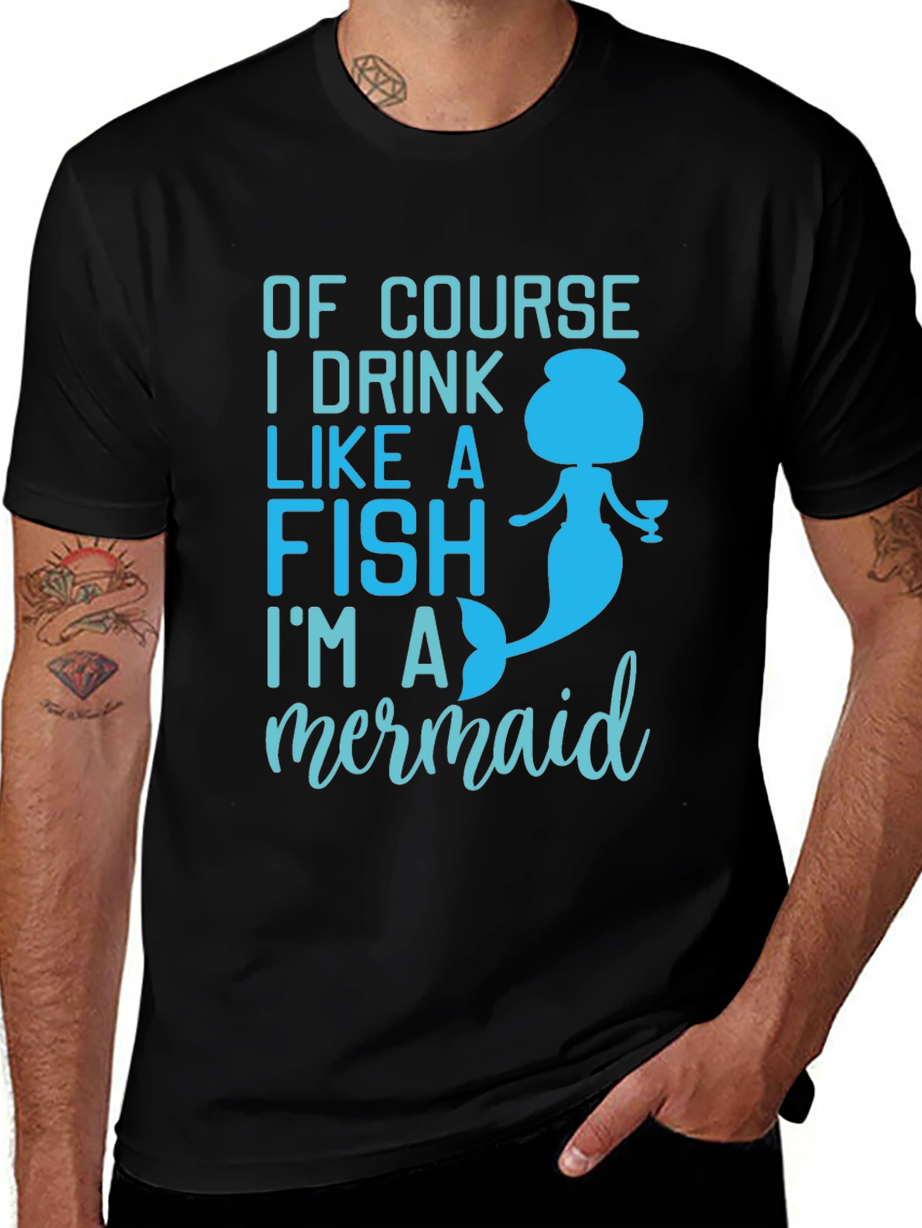 Mermaid Drink Like a Fish Black Graphic T-Shirt