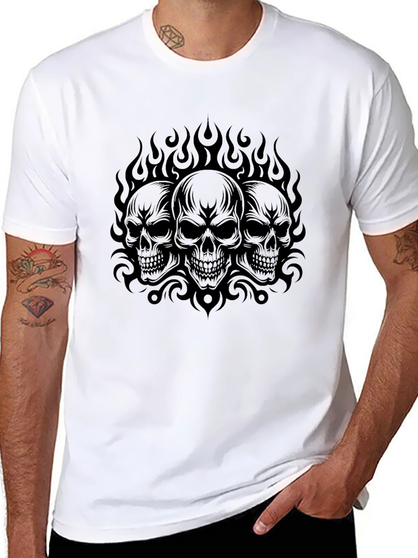 Skull Flames Graphic Print Black T-Shirt