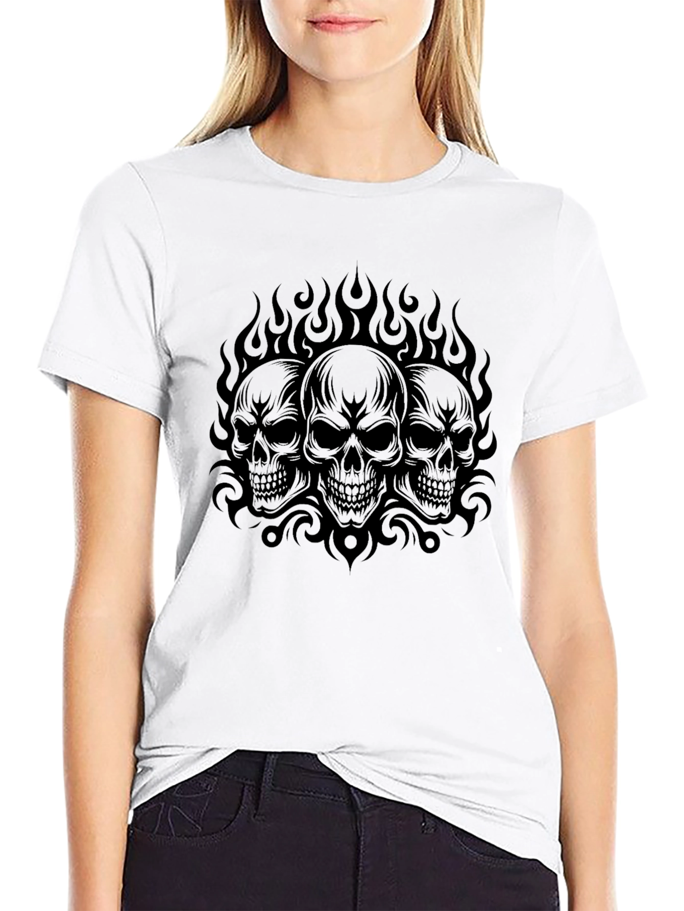 Skull Flames Graphic Print Black T-Shirt