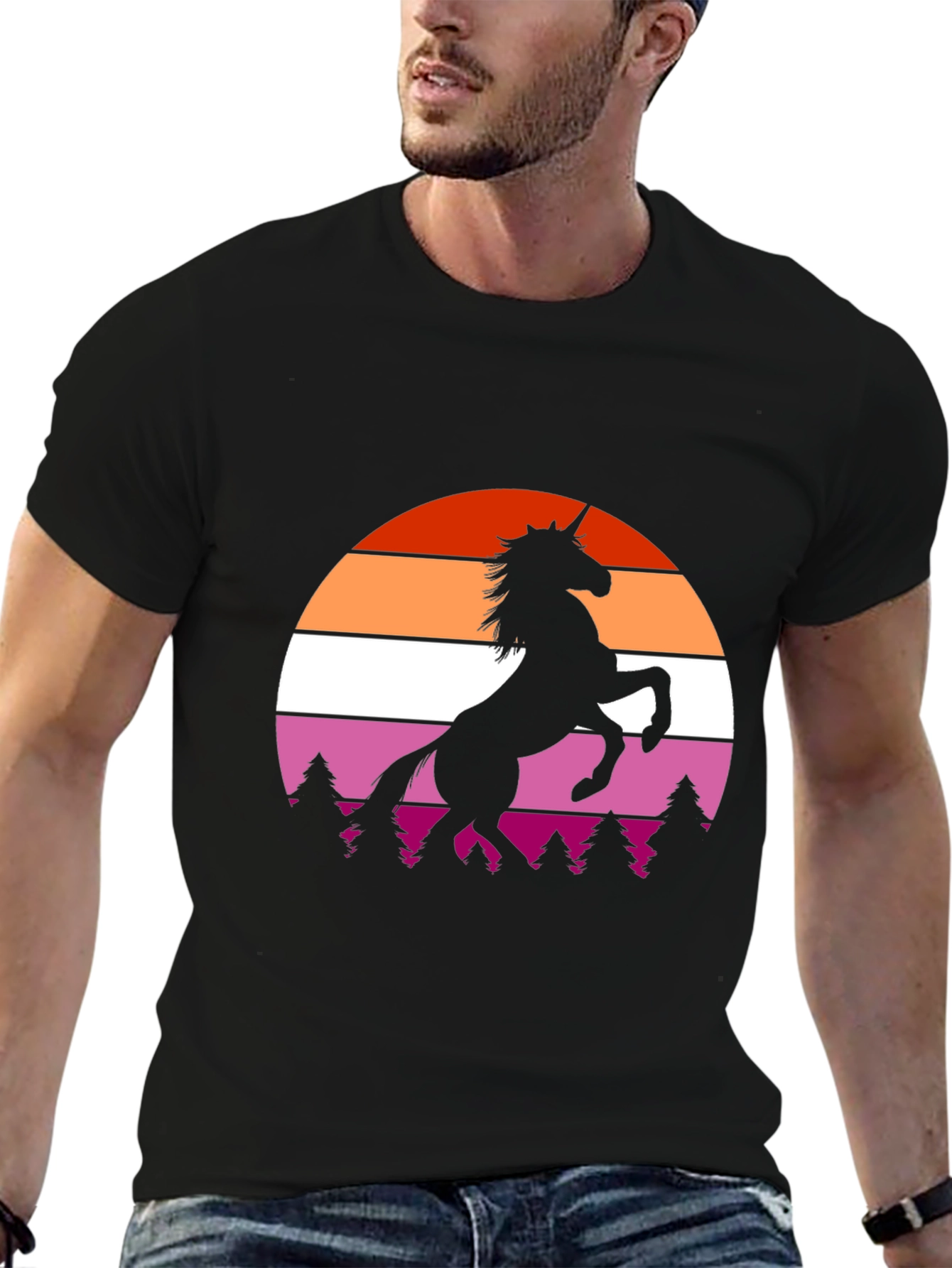 Lesbian Pride Sunset Unicorn Black T-Shirt
