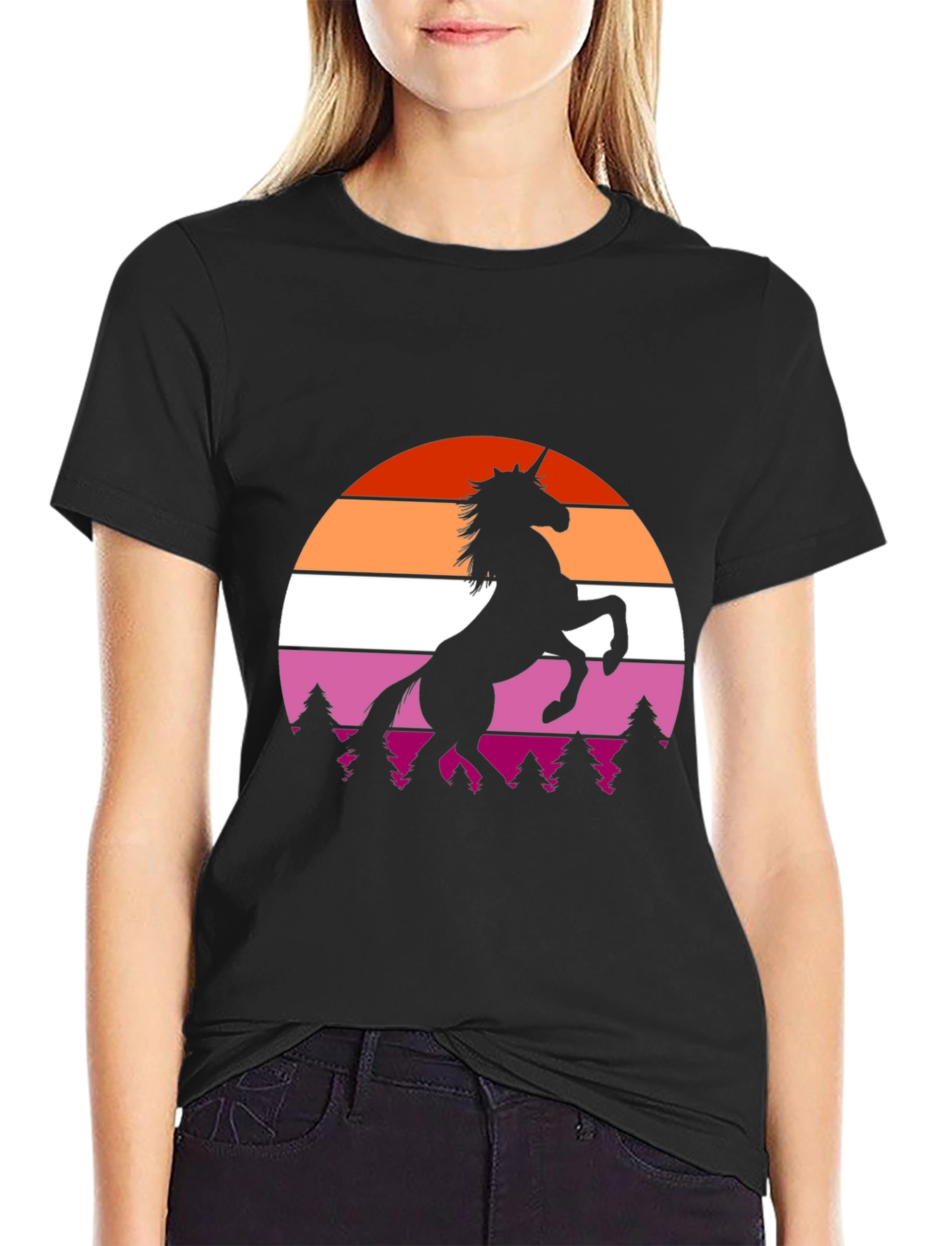 Lesbian Pride Sunset Unicorn Black T-Shirt