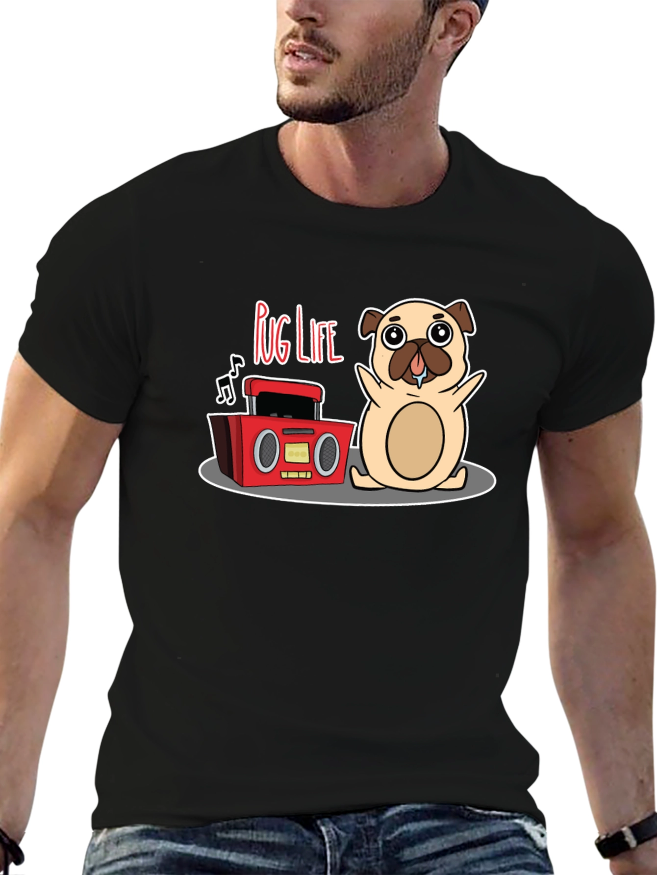 Pug Life Black T-Shirt - Music Loving Pug Design