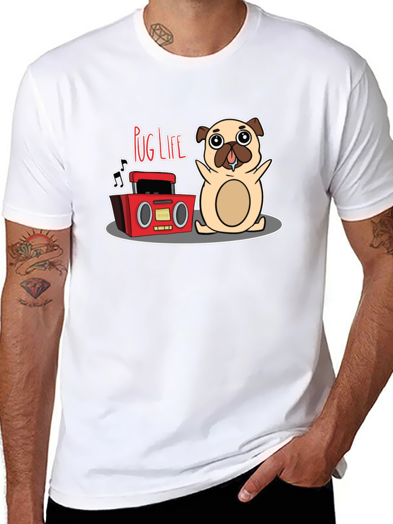 Pug Life Black T-Shirt - Music Loving Pug Design