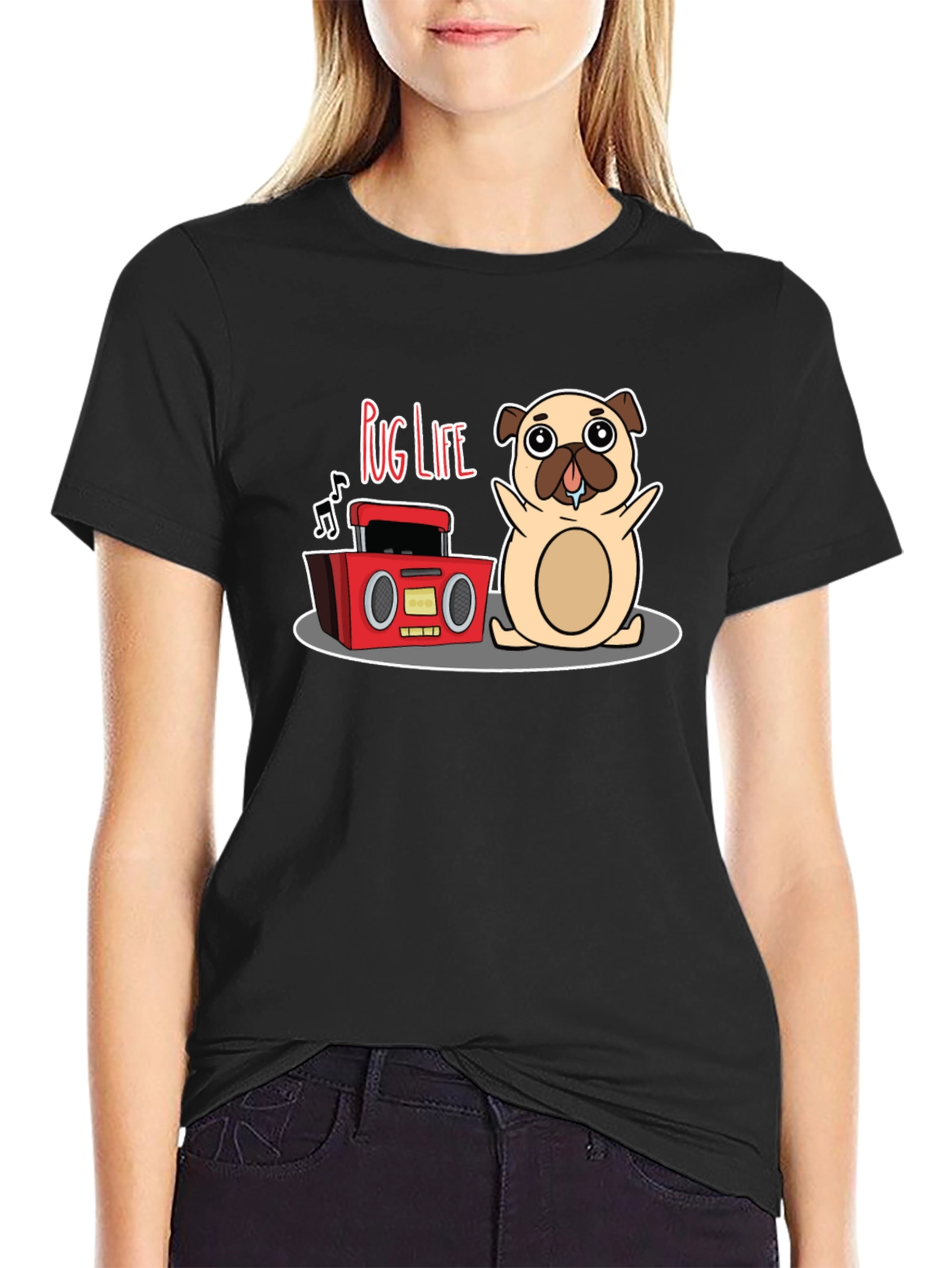Pug Life Black T-Shirt - Music Loving Pug Design