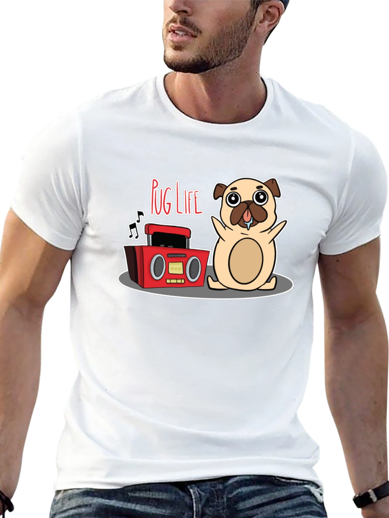 Pug Life Black T-Shirt - Music Loving Pug Design