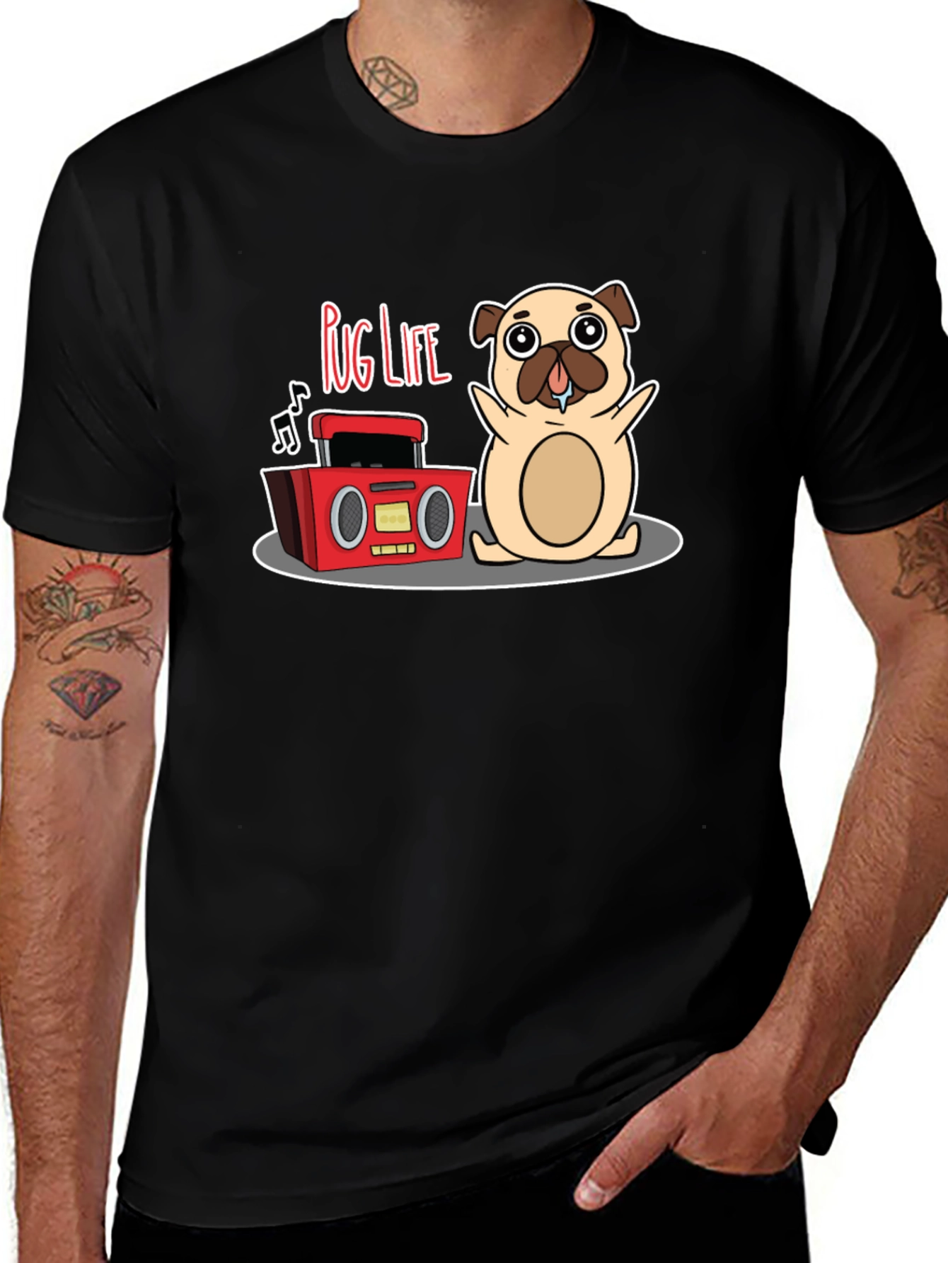Pug Life Black T-Shirt - Music Loving Pug Design