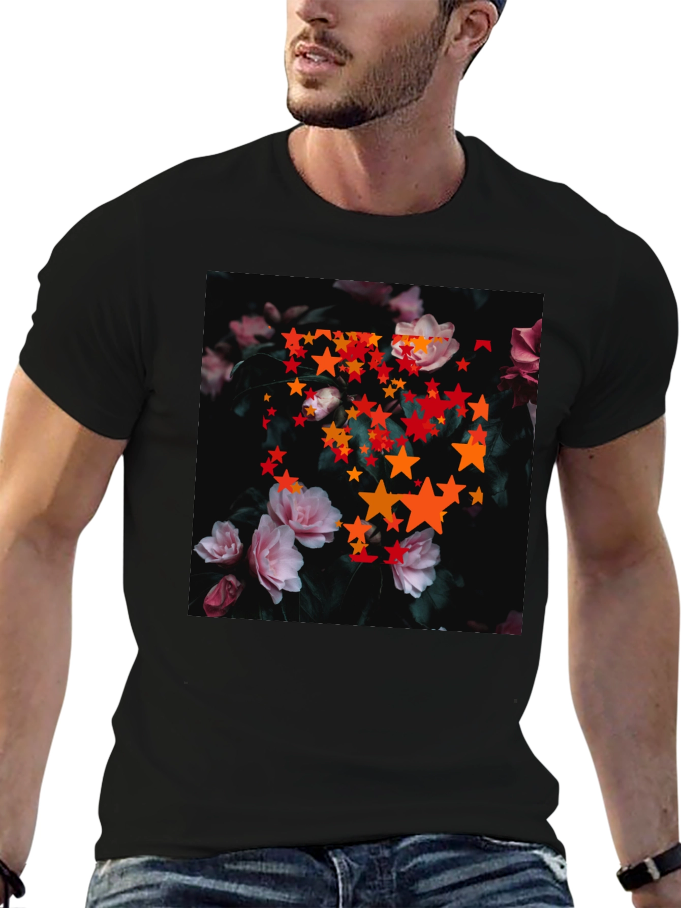 Floral Star T-Shirt - Black Cotton Graphic Tee
