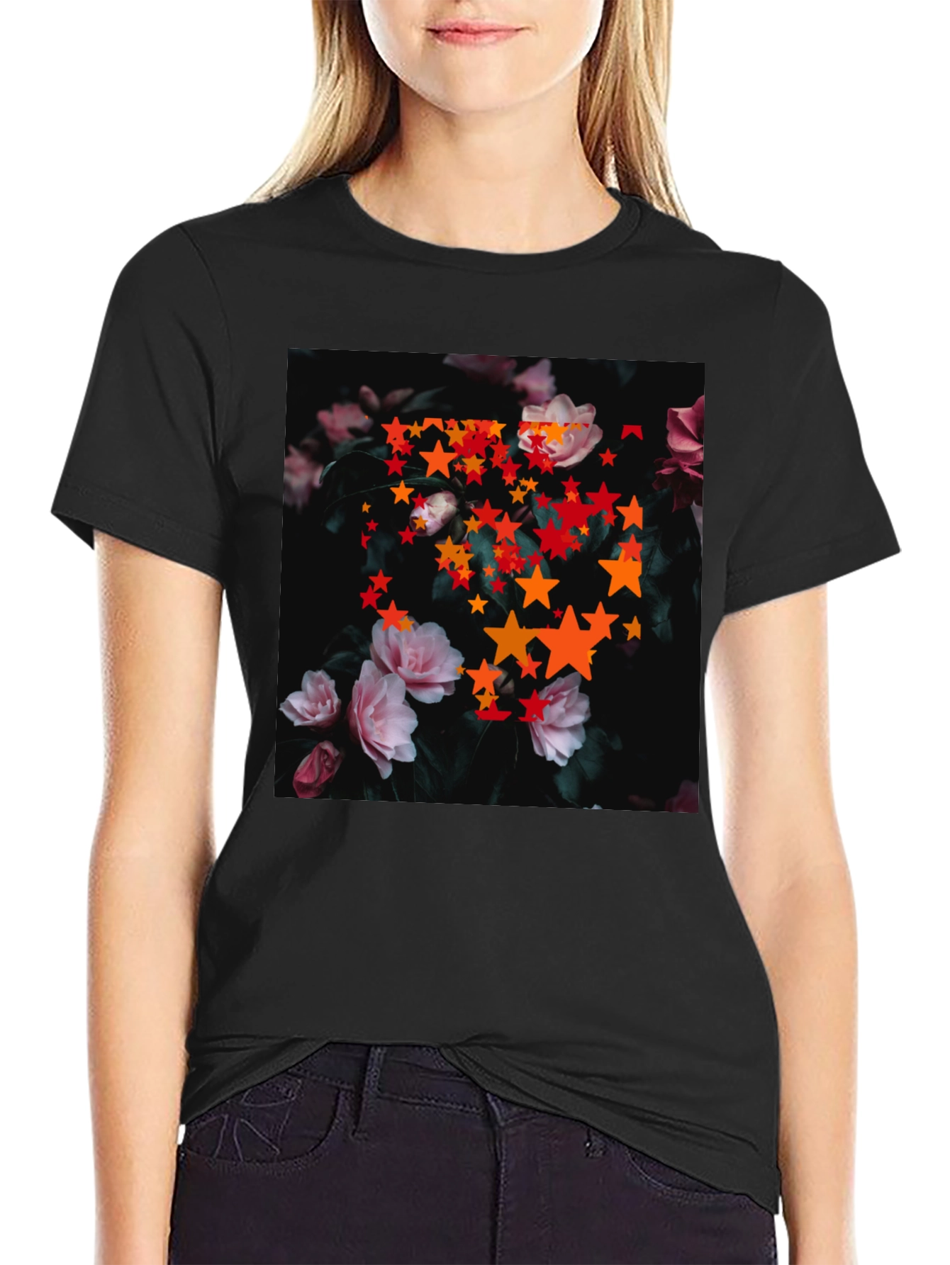 Floral Star T-Shirt - Black Cotton Graphic Tee