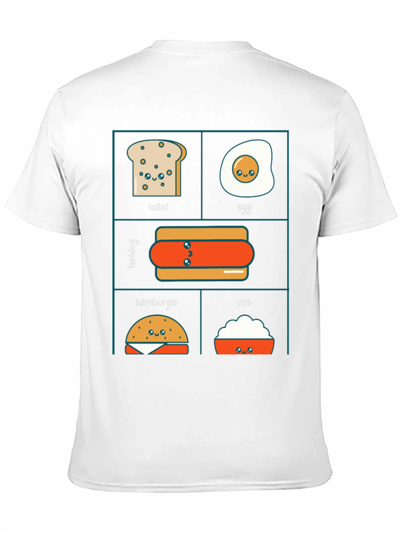 Kawaii Food T-Shirt: Toast Egg Hotdog Hamburger Rice