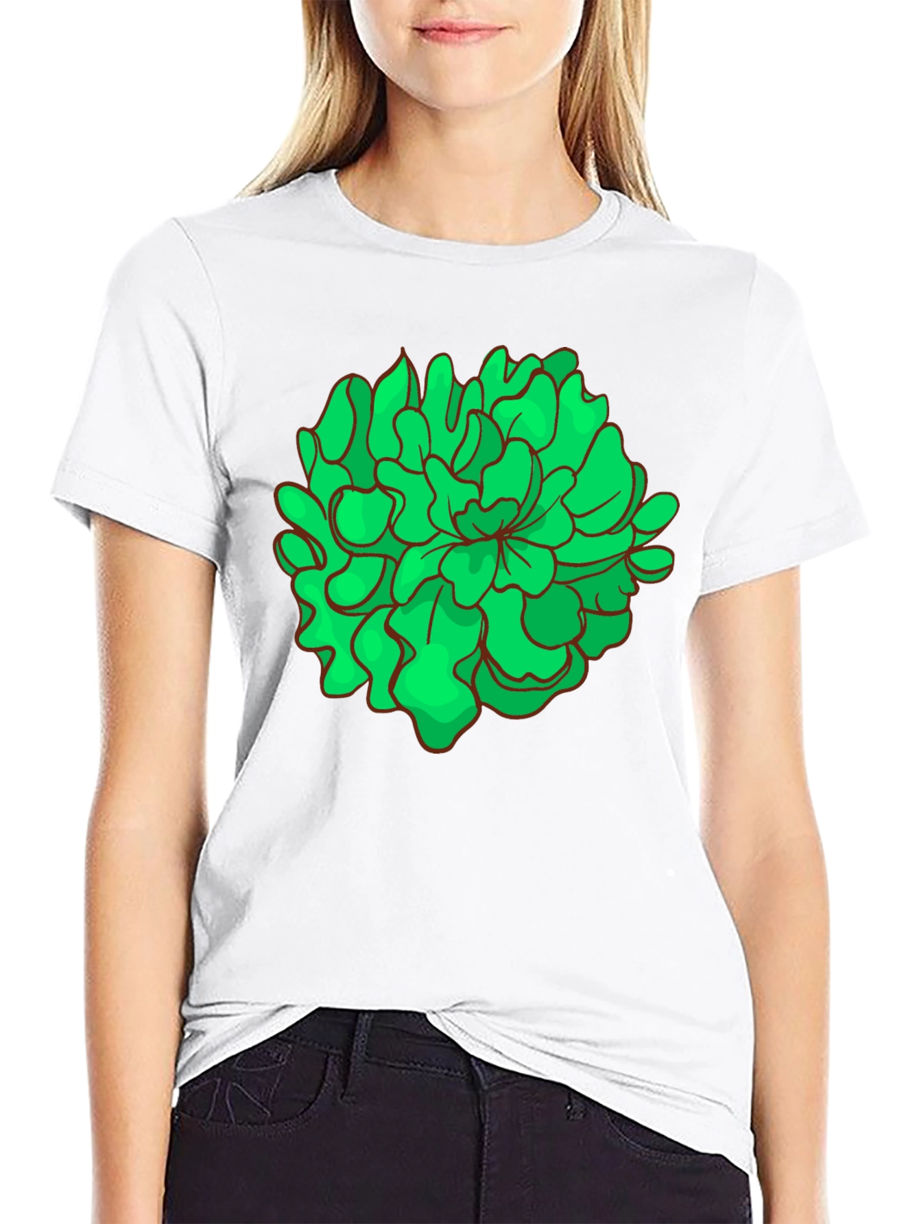 Green Floral Graphic Black T-Shirt