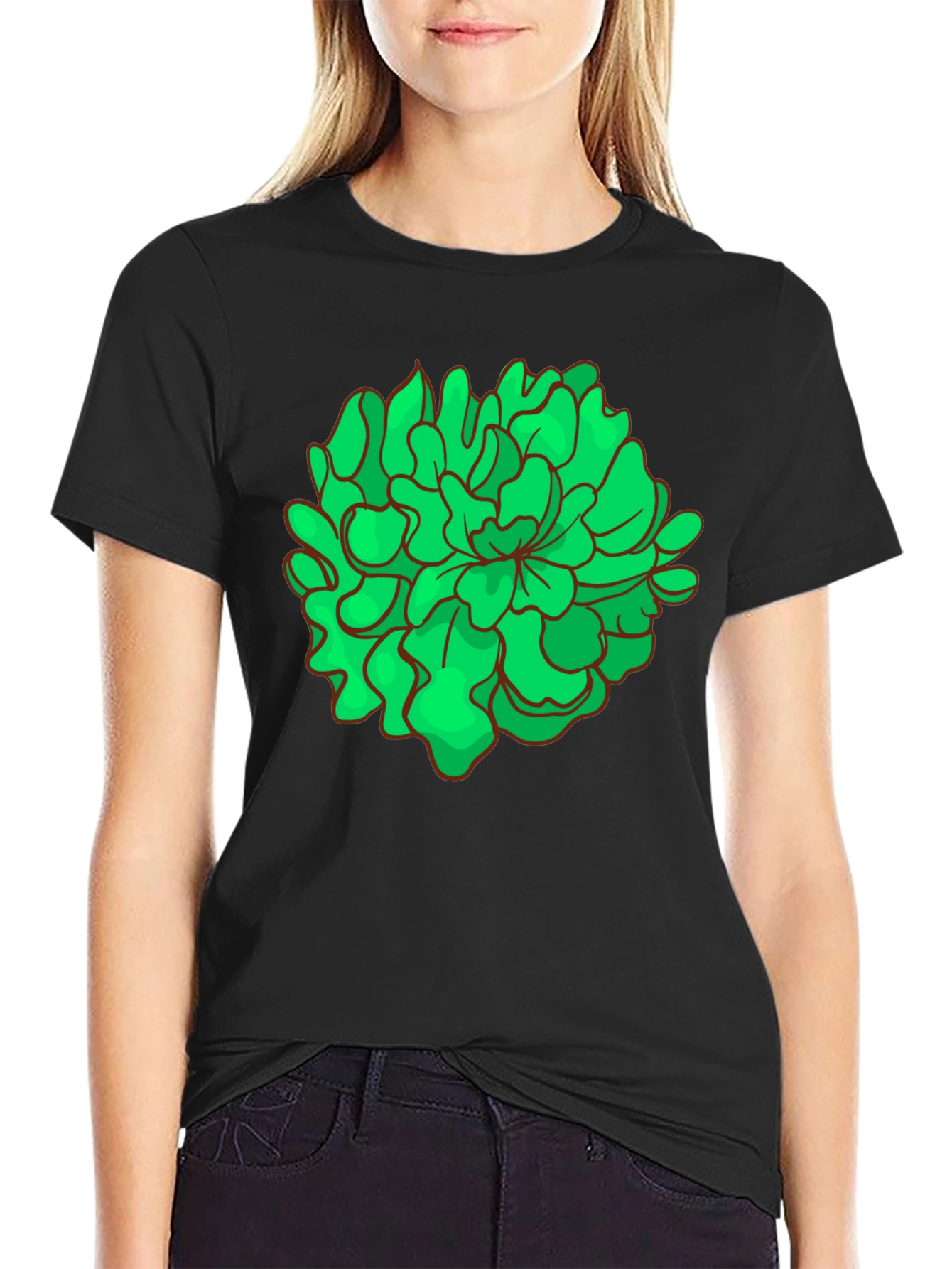 Green Floral Graphic Black T-Shirt
