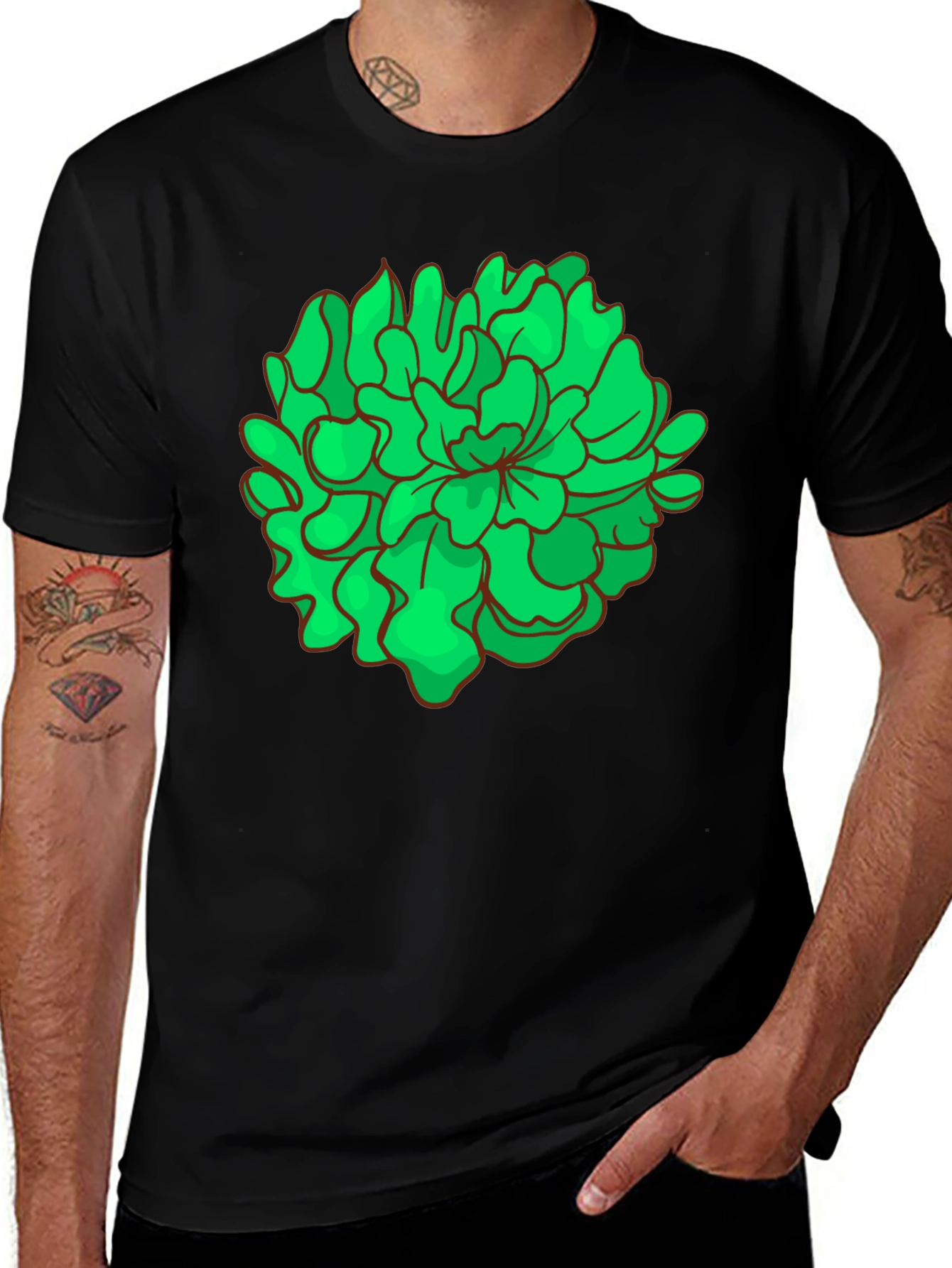 Green Floral Graphic Black T-Shirt