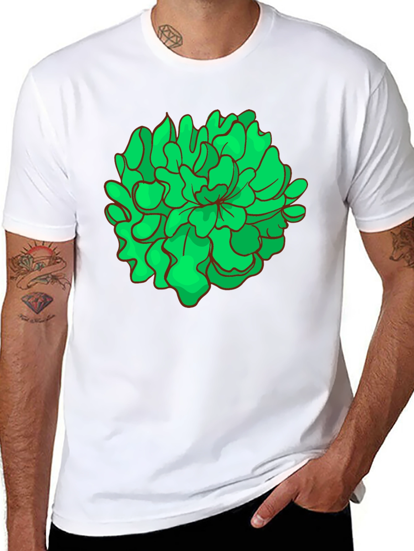 Green Floral Graphic Black T-Shirt