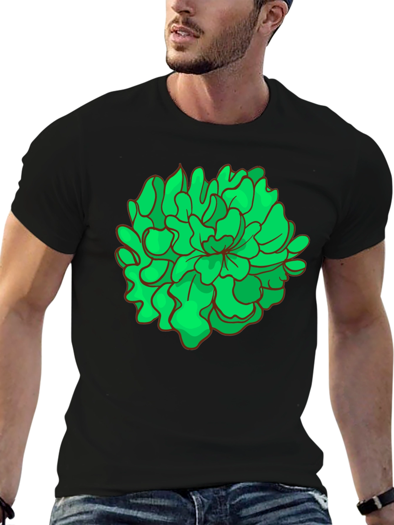 Green Floral Graphic Black T-Shirt