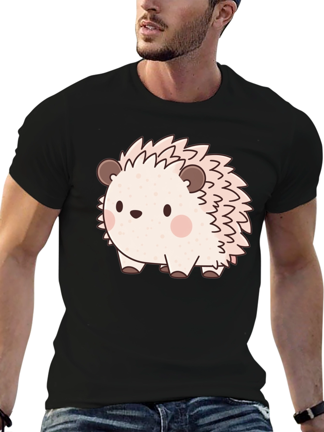 Cute Hedgehog Graphic Print Black T-Shirt