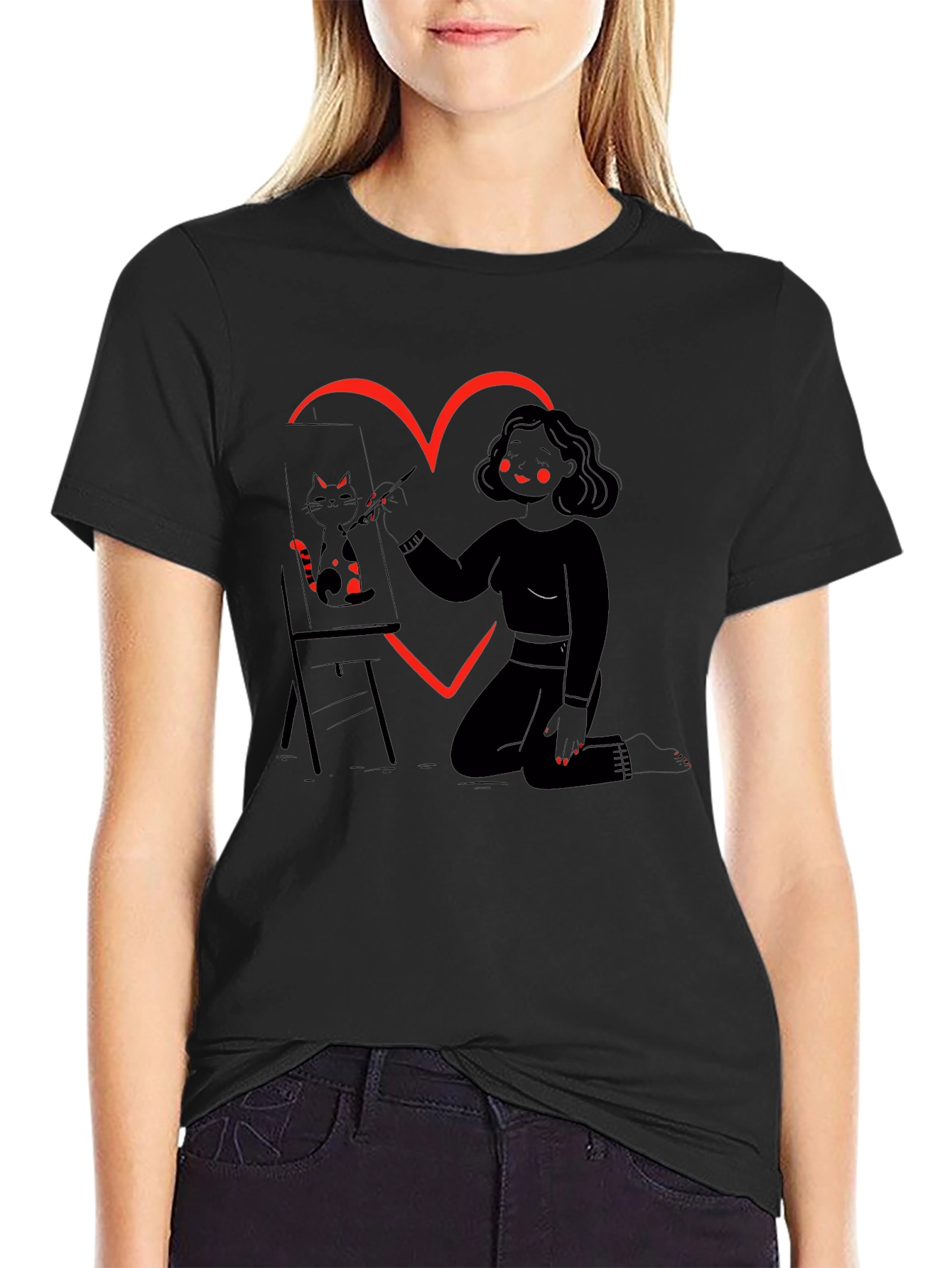 Cat Artist T-Shirt Heart Graphic Tee