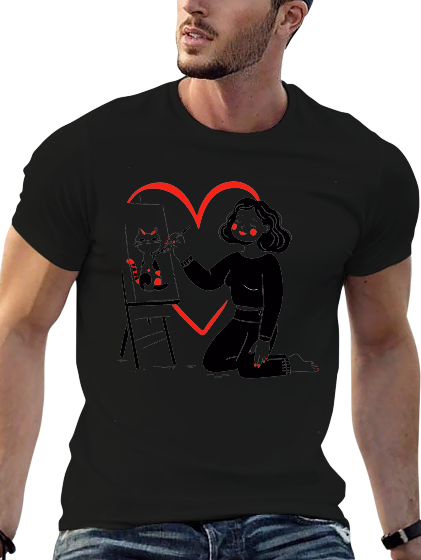 Cat Artist T-Shirt Heart Graphic Tee