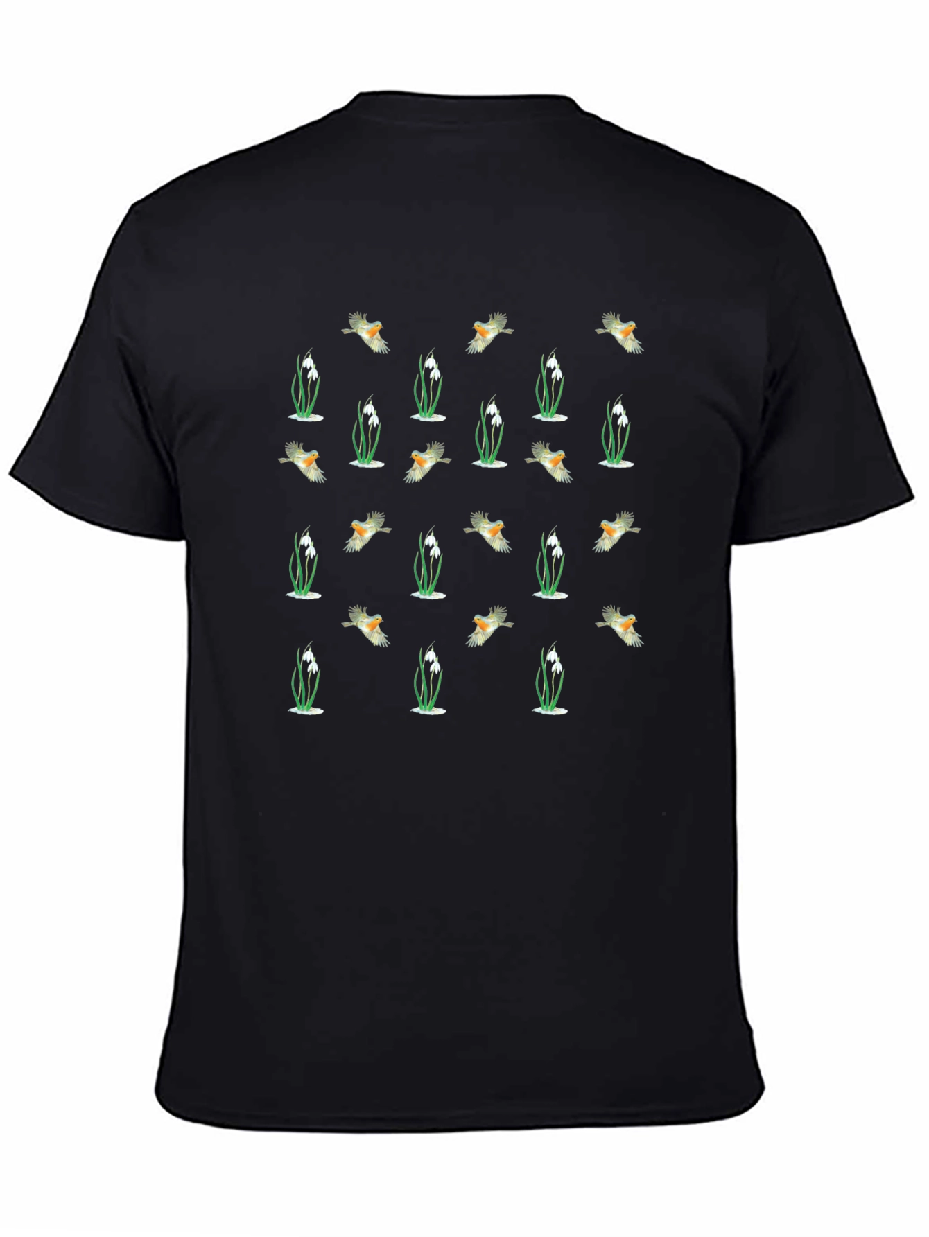 Bird & Snowdrop Pattern Black Crew Neck T-Shirt