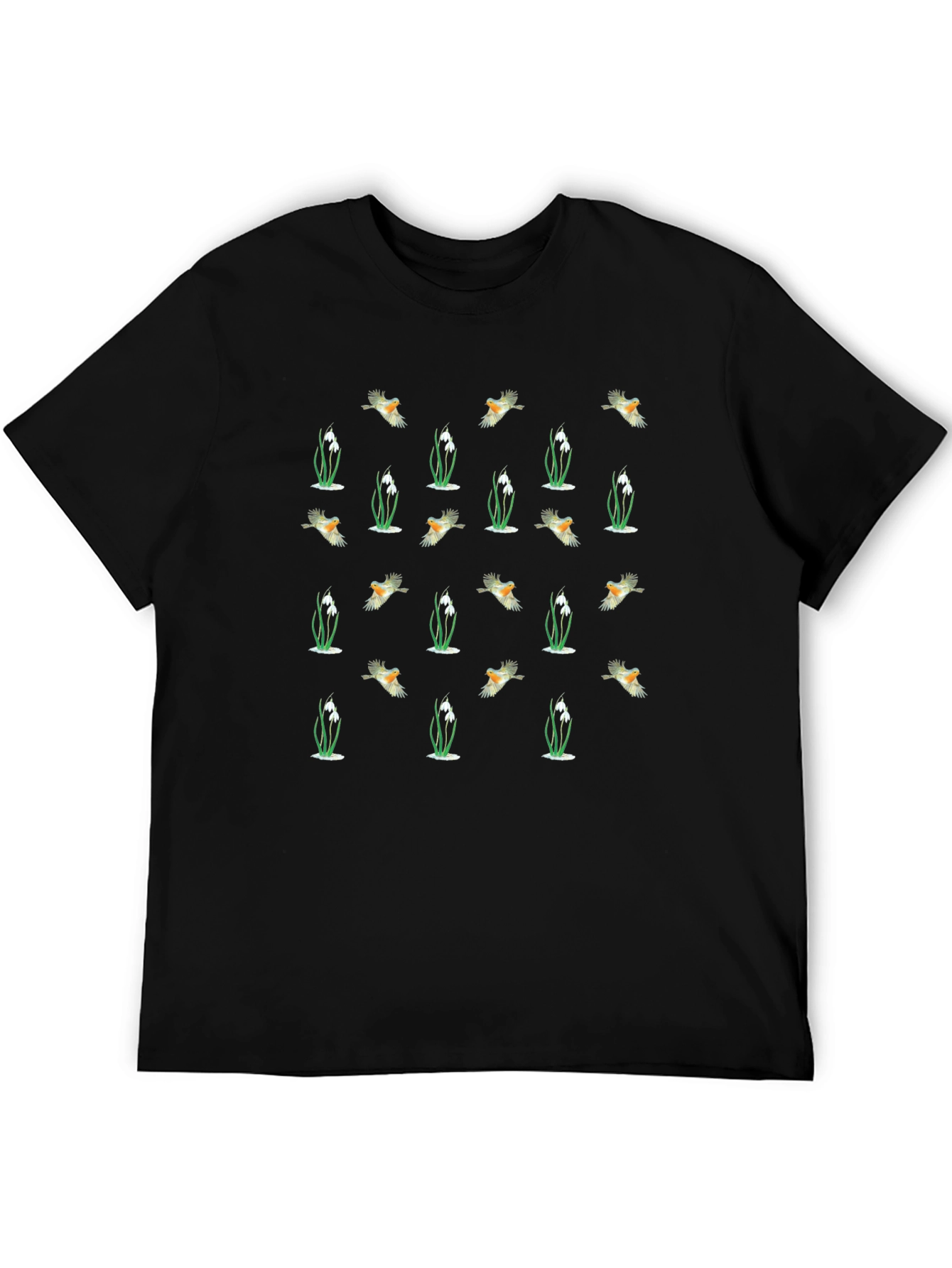 Bird & Snowdrop Pattern Black Crew Neck T-Shirt