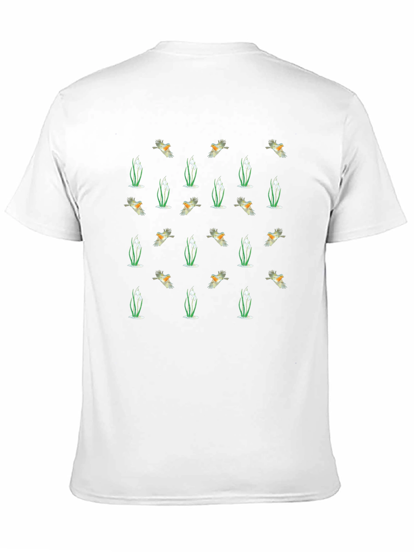 Bird & Snowdrop Pattern Black Crew Neck T-Shirt