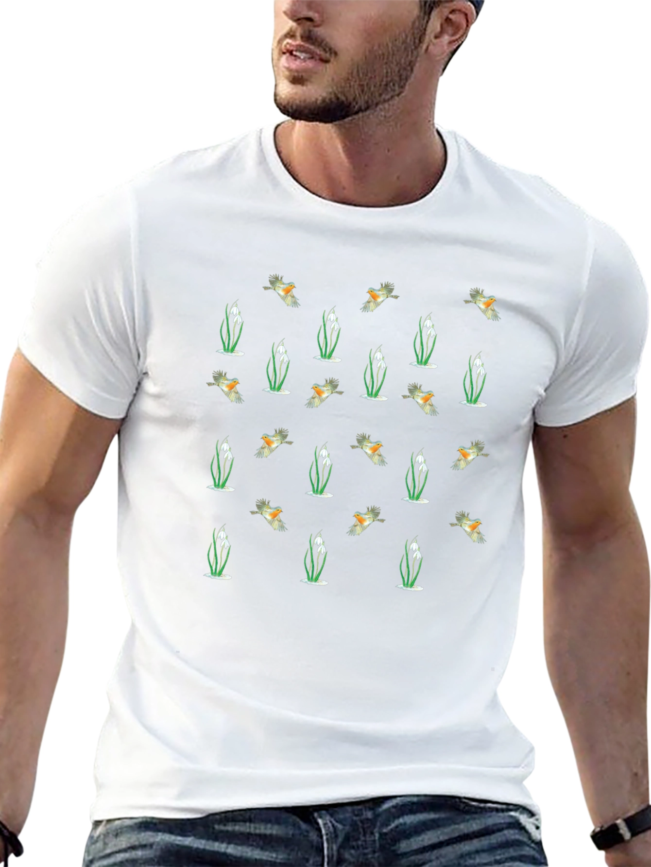 Bird & Snowdrop Pattern Black Crew Neck T-Shirt