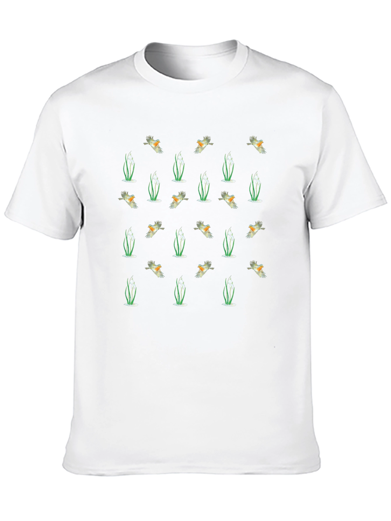 Bird & Snowdrop Pattern Black Crew Neck T-Shirt