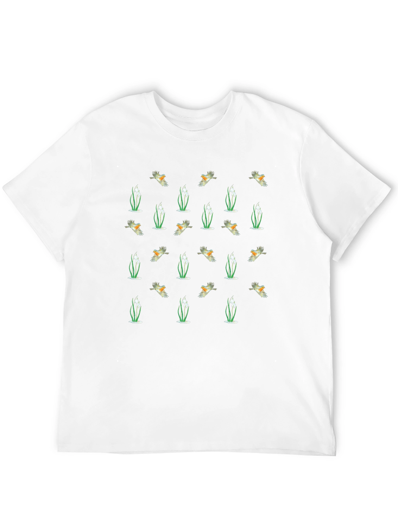 Bird & Snowdrop Pattern Black Crew Neck T-Shirt