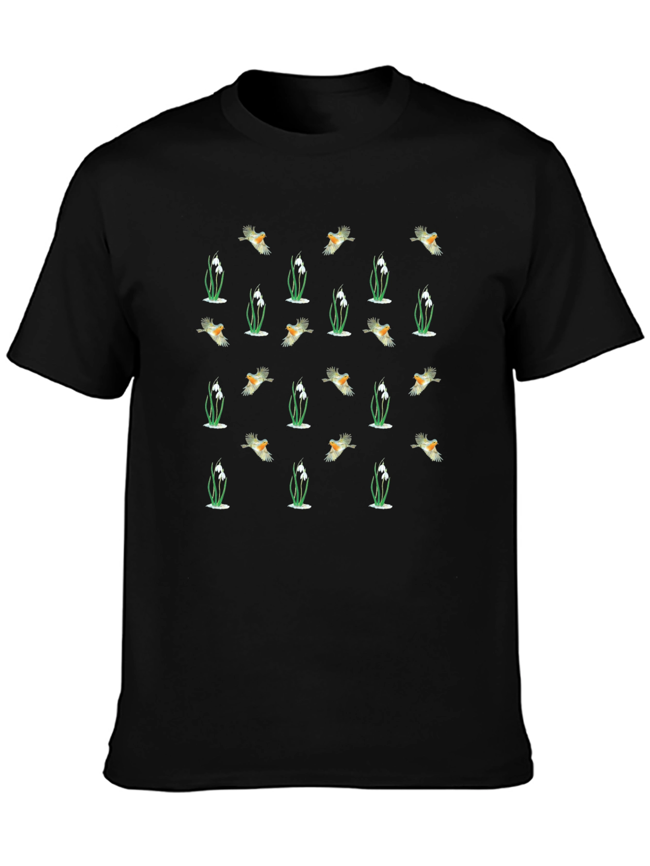 Bird & Snowdrop Pattern Black Crew Neck T-Shirt