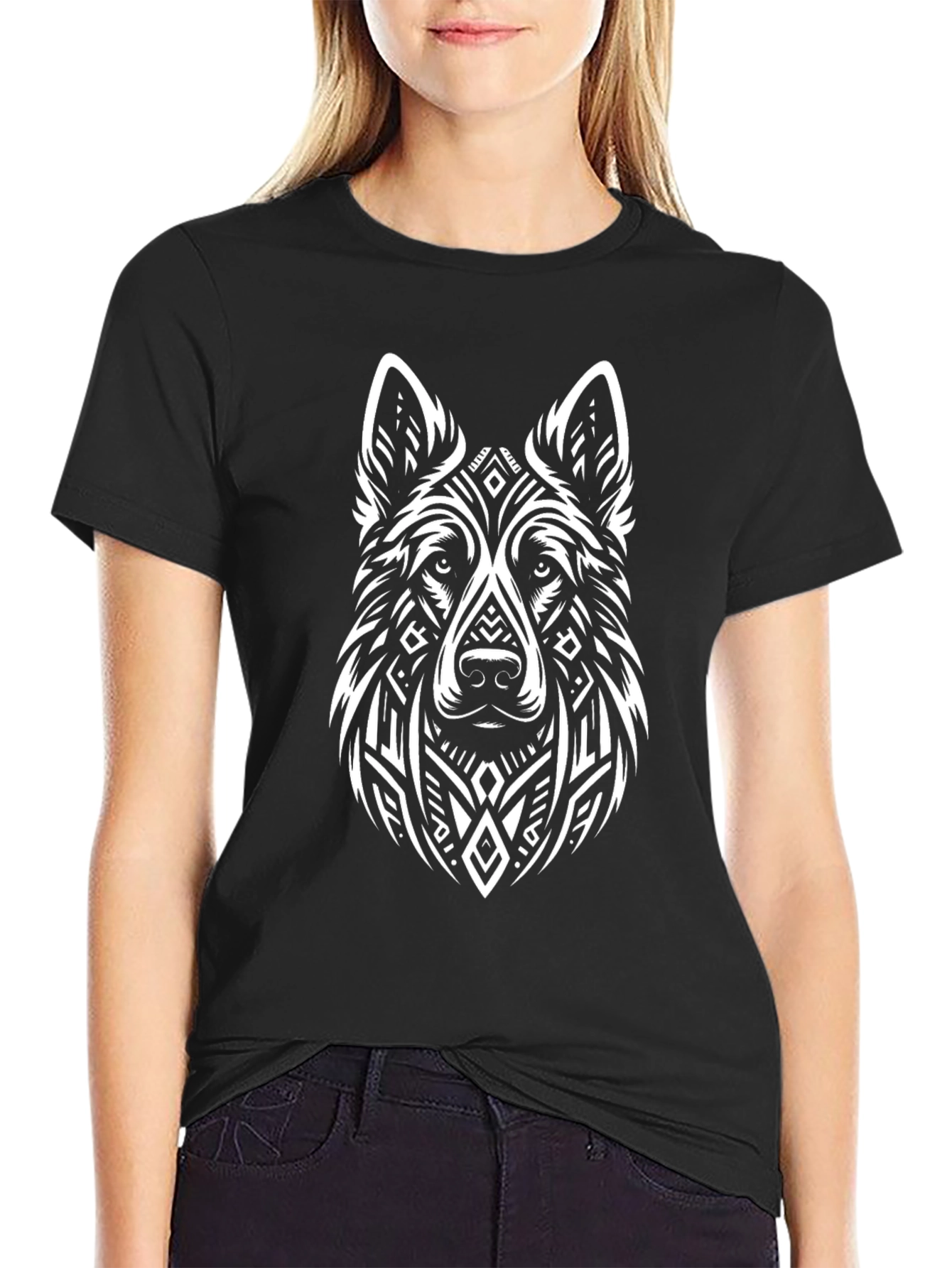 Tribal Wolf Graphic Black T-Shirt