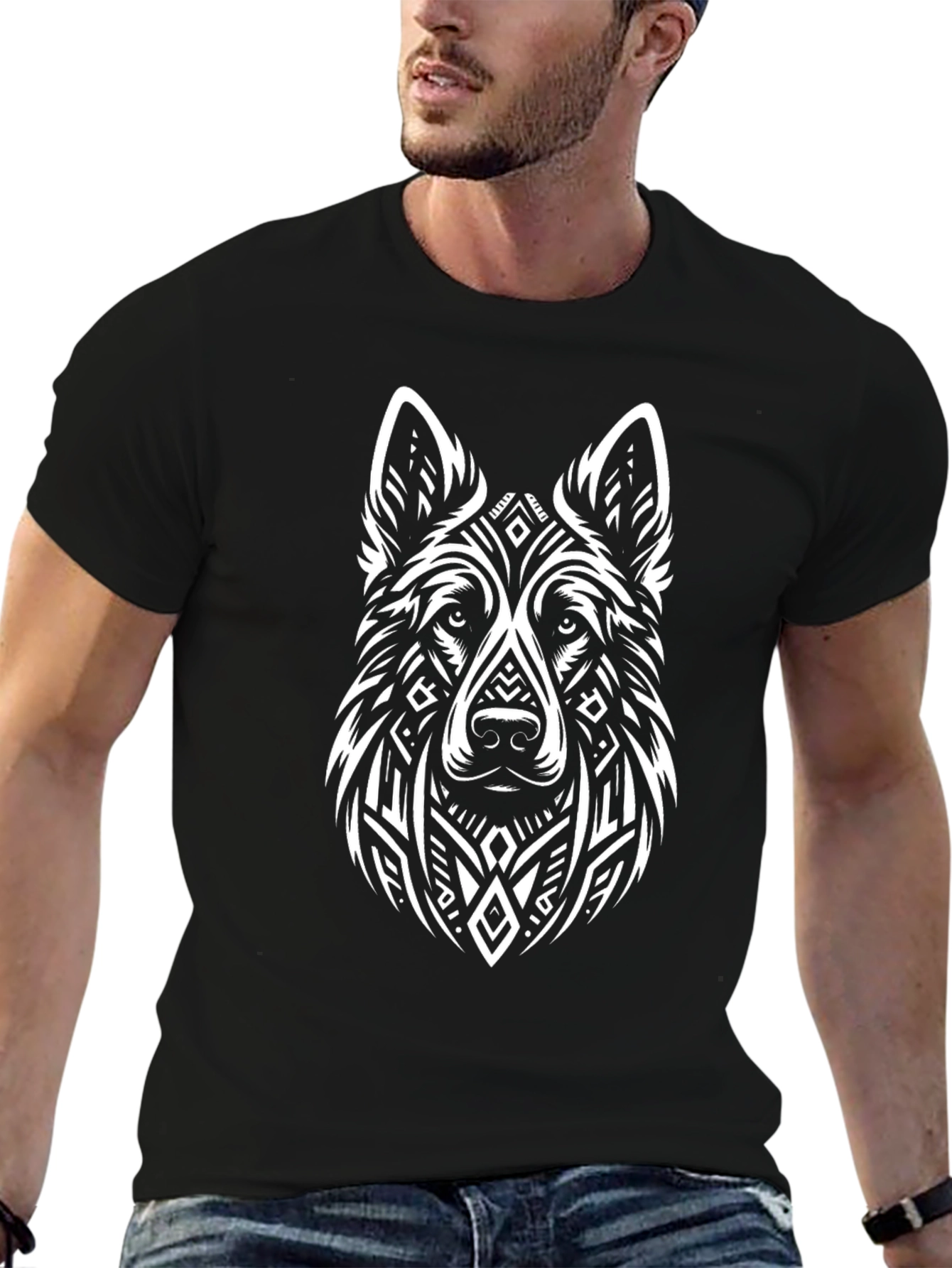 Tribal Wolf Graphic Black T-Shirt