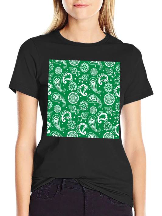 Green Paisley Print Black T-Shirt