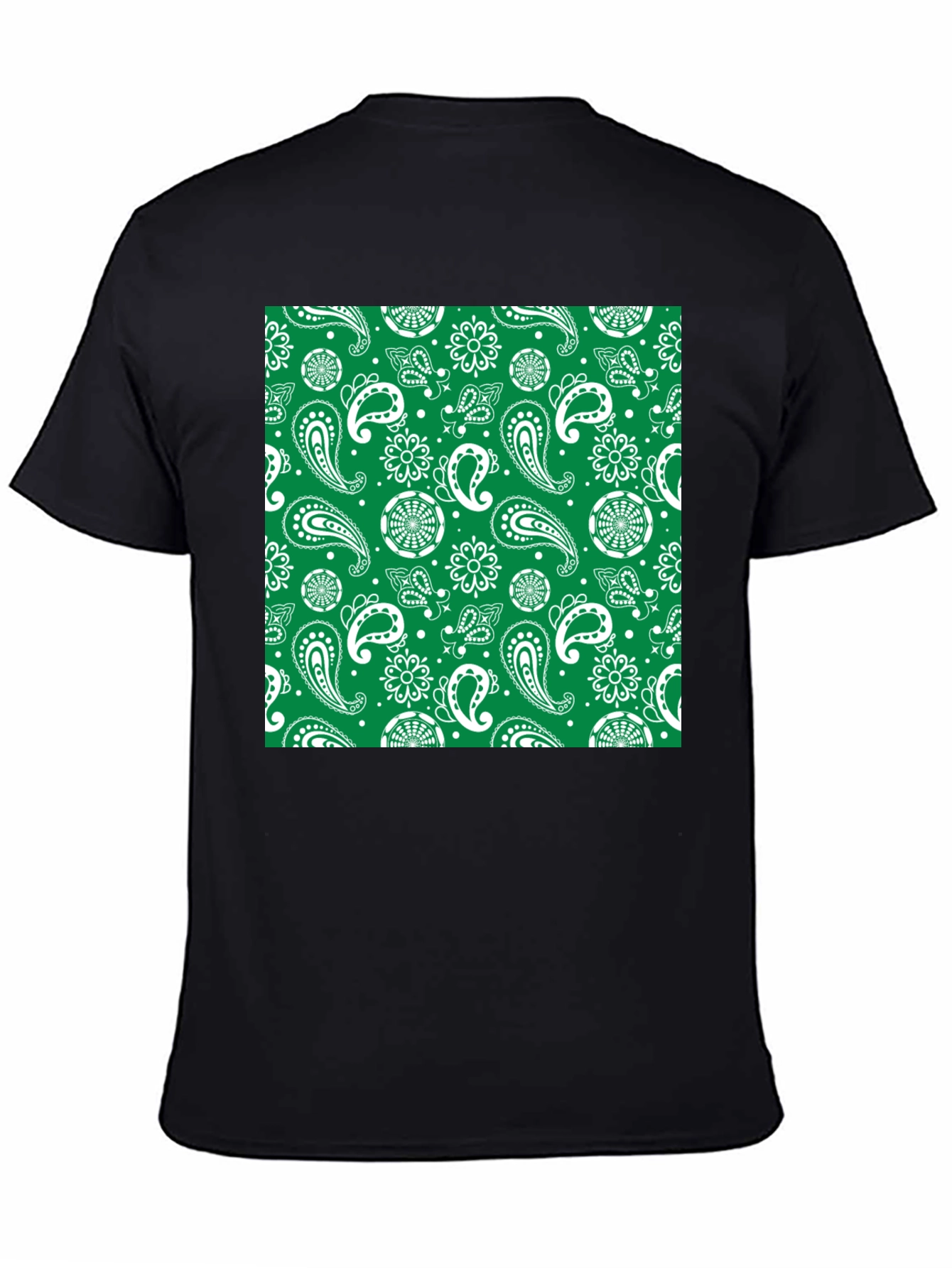Green Paisley Print Black T-Shirt