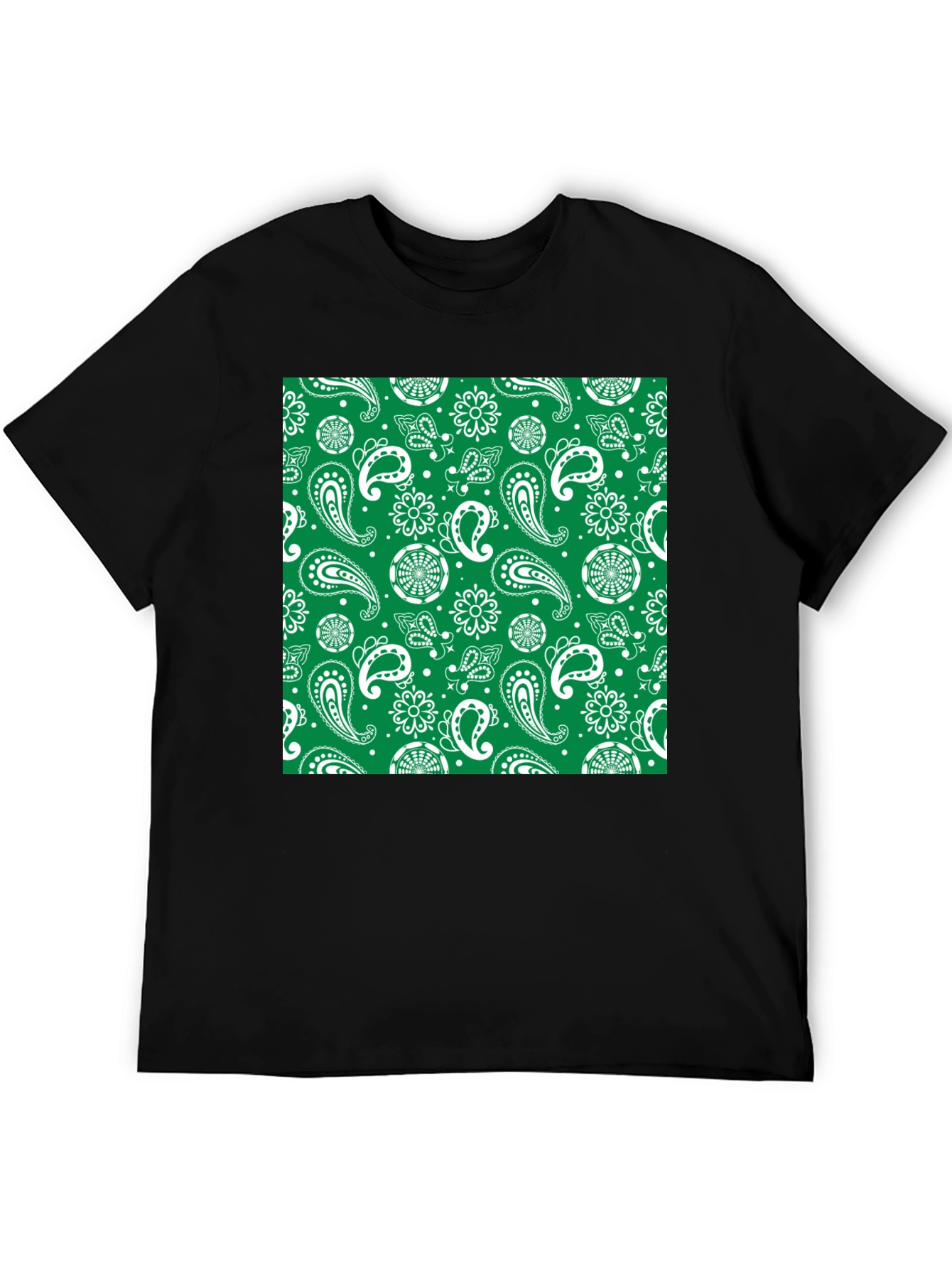 Green Paisley Print Black T-Shirt