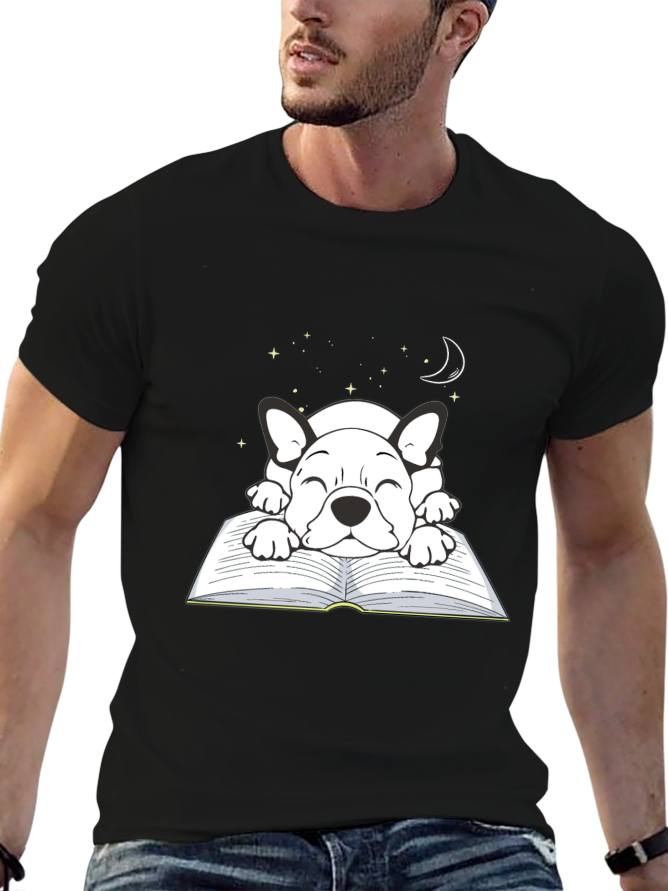 Cute Dog on Book T-Shirt - Sleepy Puppy Design