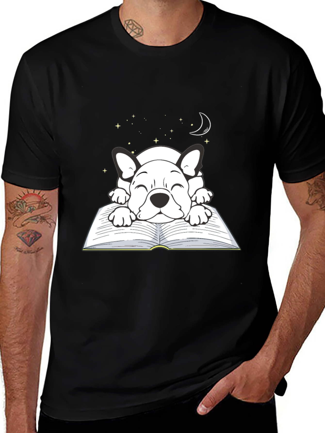 Cute Dog on Book T-Shirt - Sleepy Puppy Design