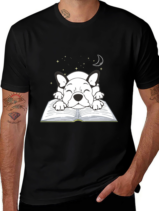Cute Dog on Book T-Shirt - Sleepy Puppy Design