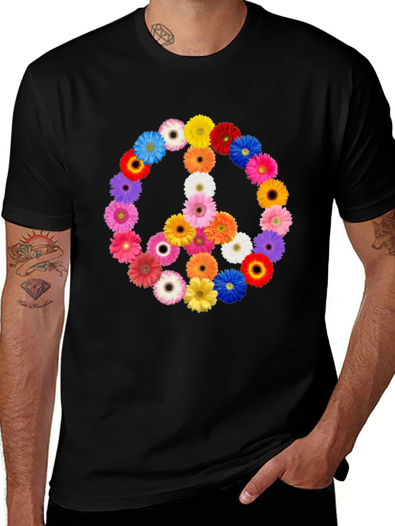 Floral Peace Sign Black T-Shirt