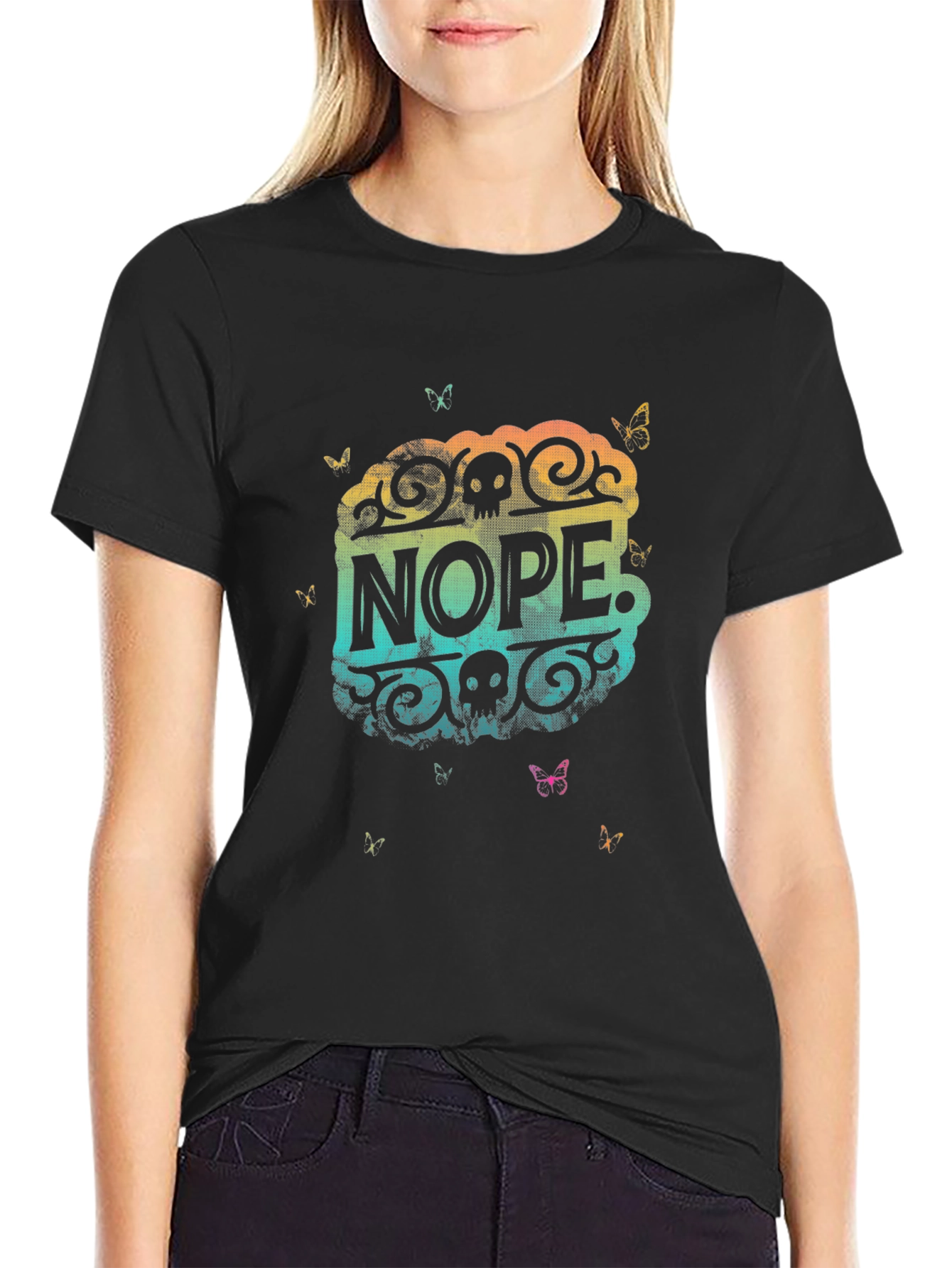 Nope. Skull Butterfly Graphic Black T-Shirt