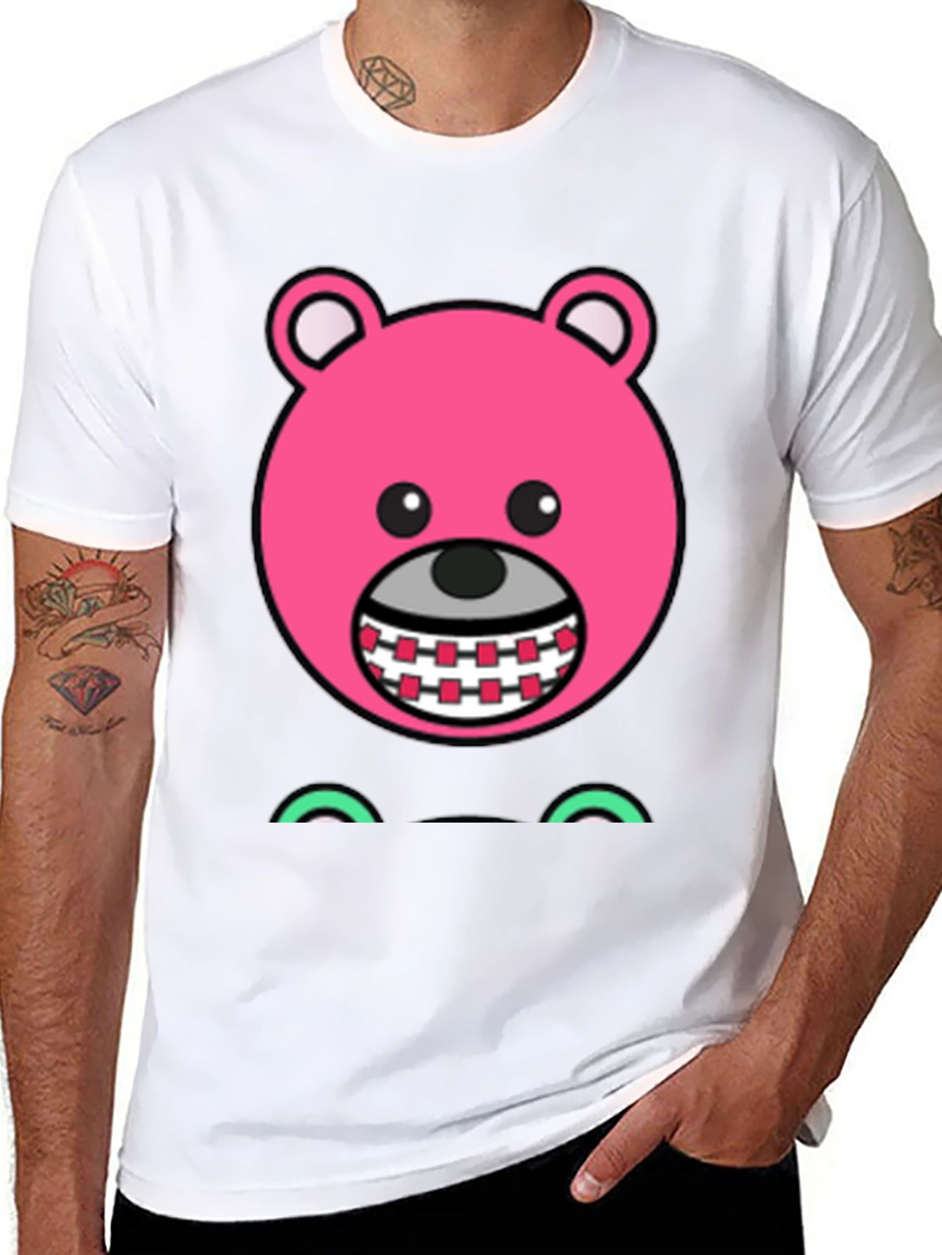 Novelty Pink Bear Cartoon Graphic Black T-Shirt