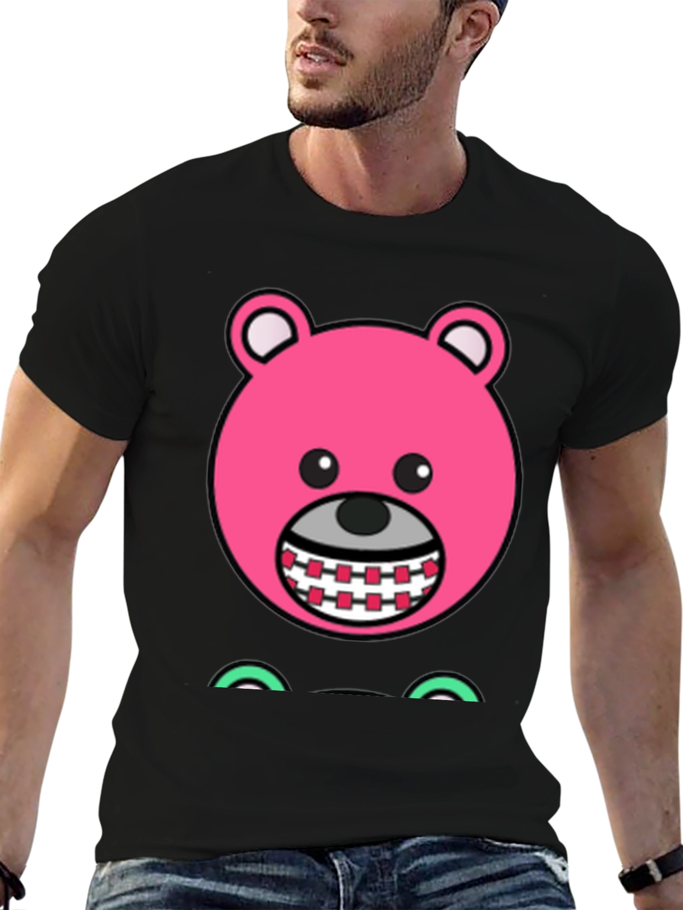 Novelty Pink Bear Cartoon Graphic Black T-Shirt