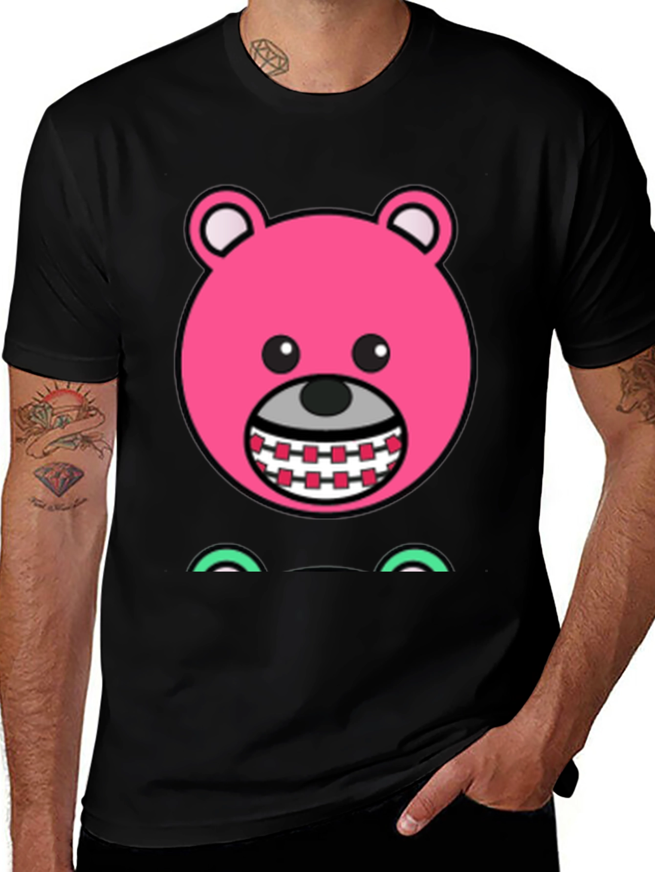 Novelty Pink Bear Cartoon Graphic Black T-Shirt