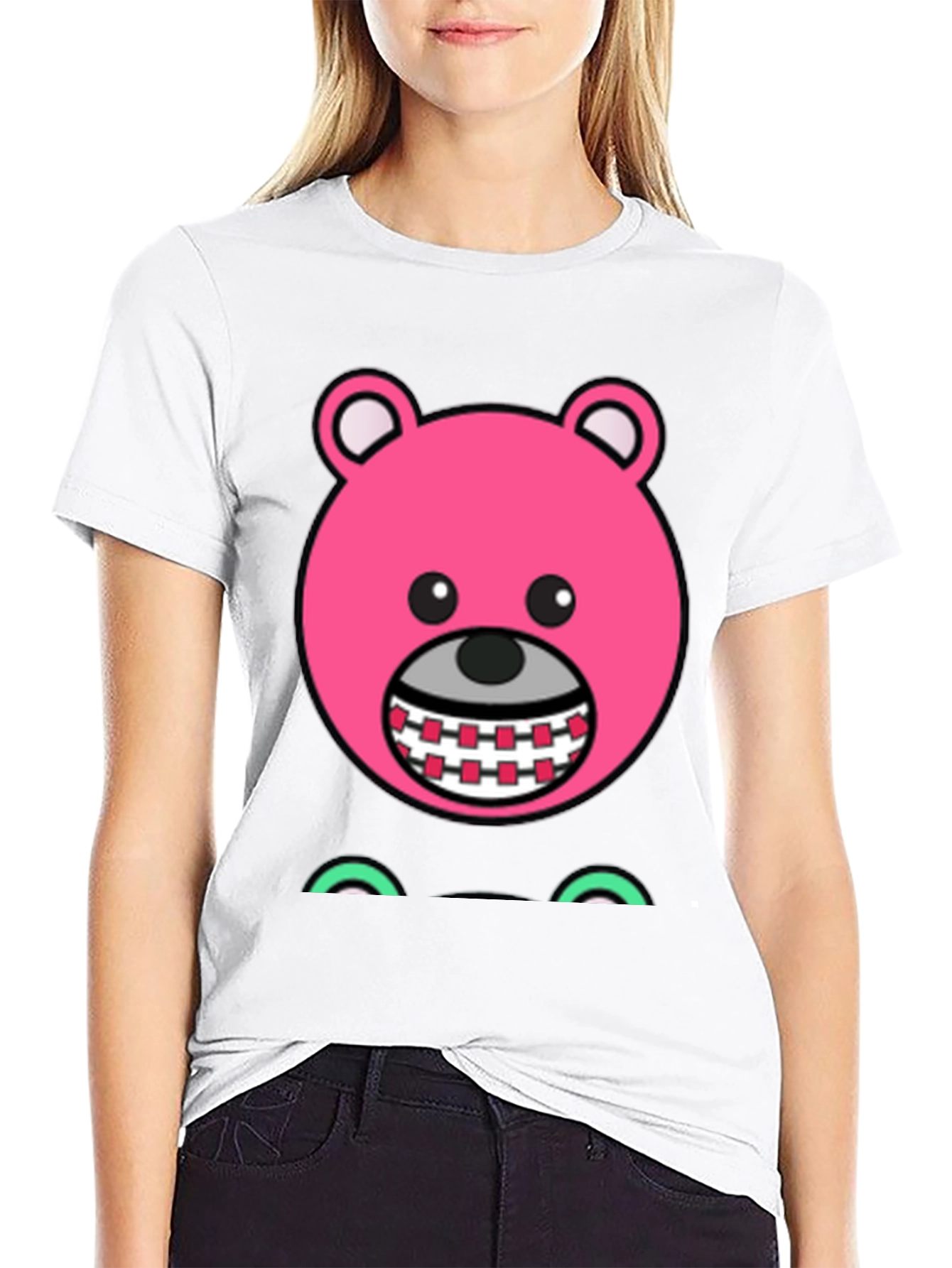 Novelty Pink Bear Cartoon Graphic Black T-Shirt