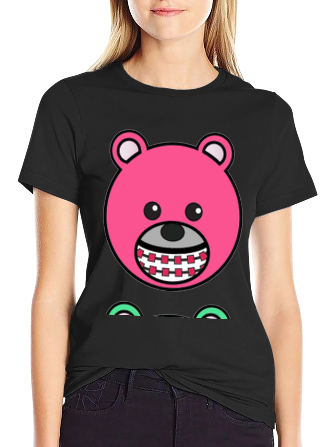 Novelty Pink Bear Cartoon Graphic Black T-Shirt
