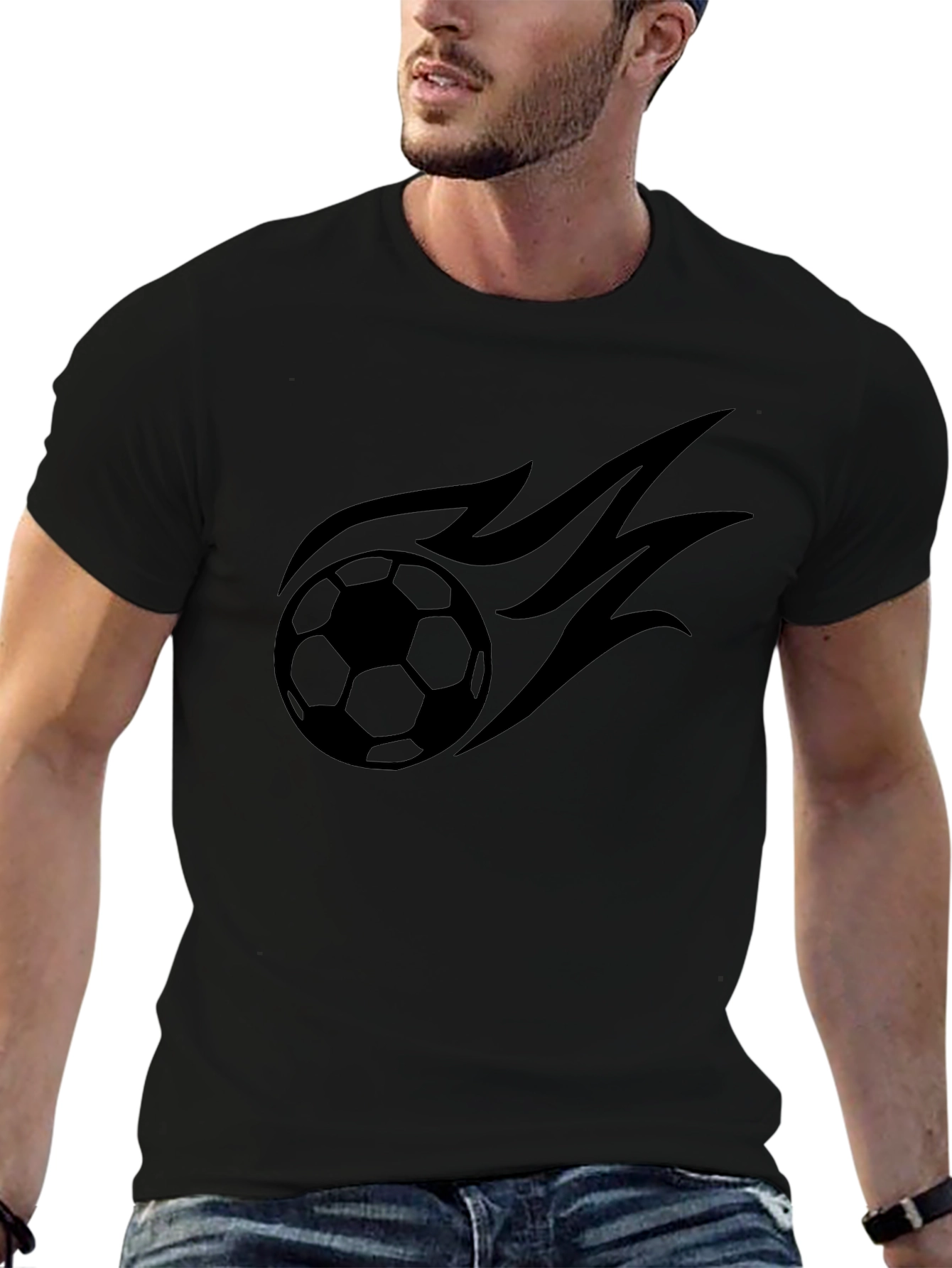 Mens Black T-Shirt with Soccer Ball Flame Design