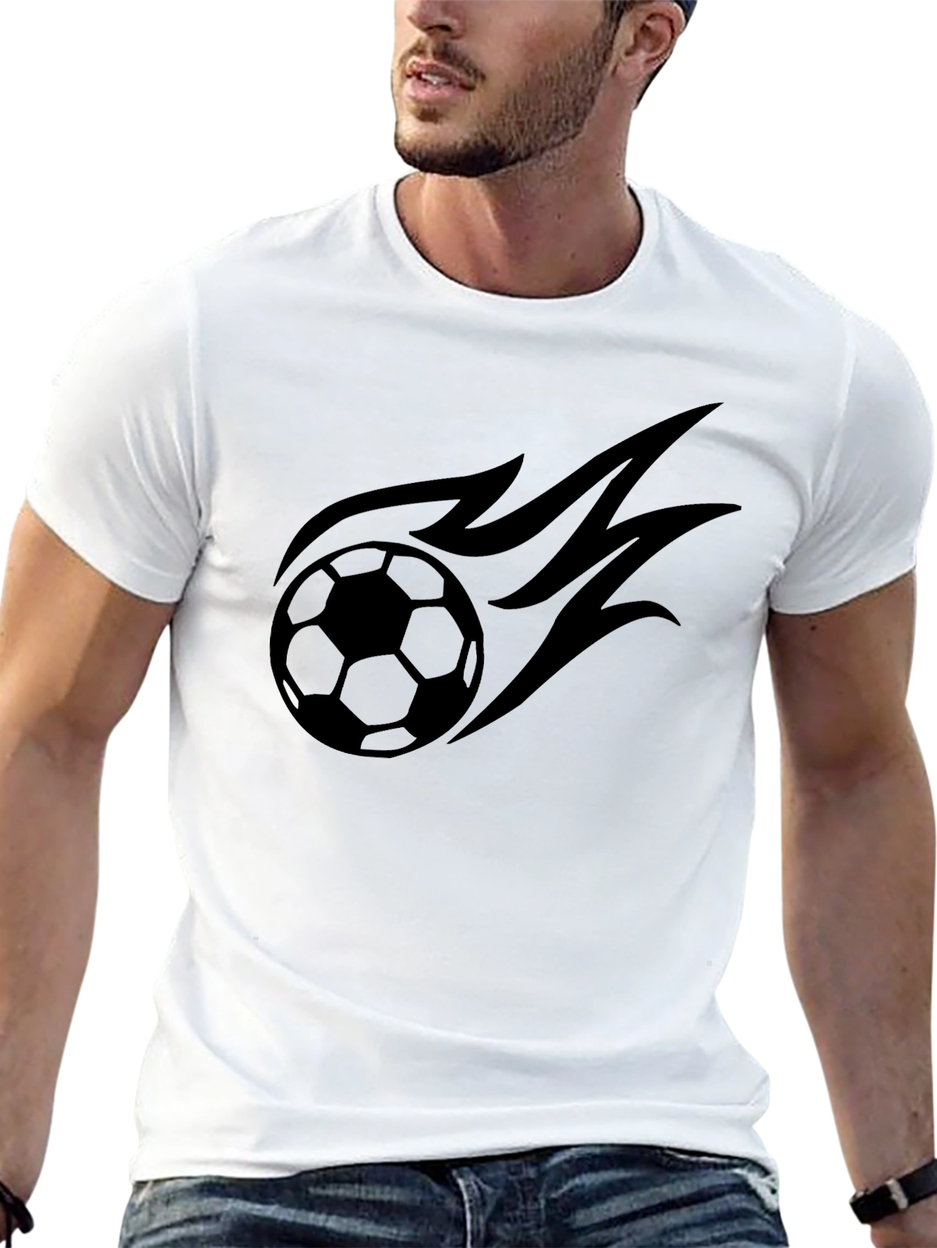 Mens Black T-Shirt with Soccer Ball Flame Design