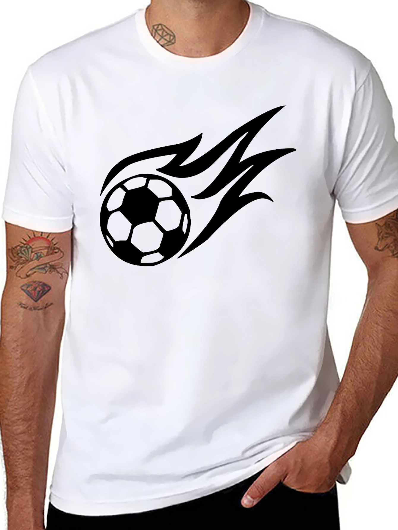 Mens Black T-Shirt with Soccer Ball Flame Design