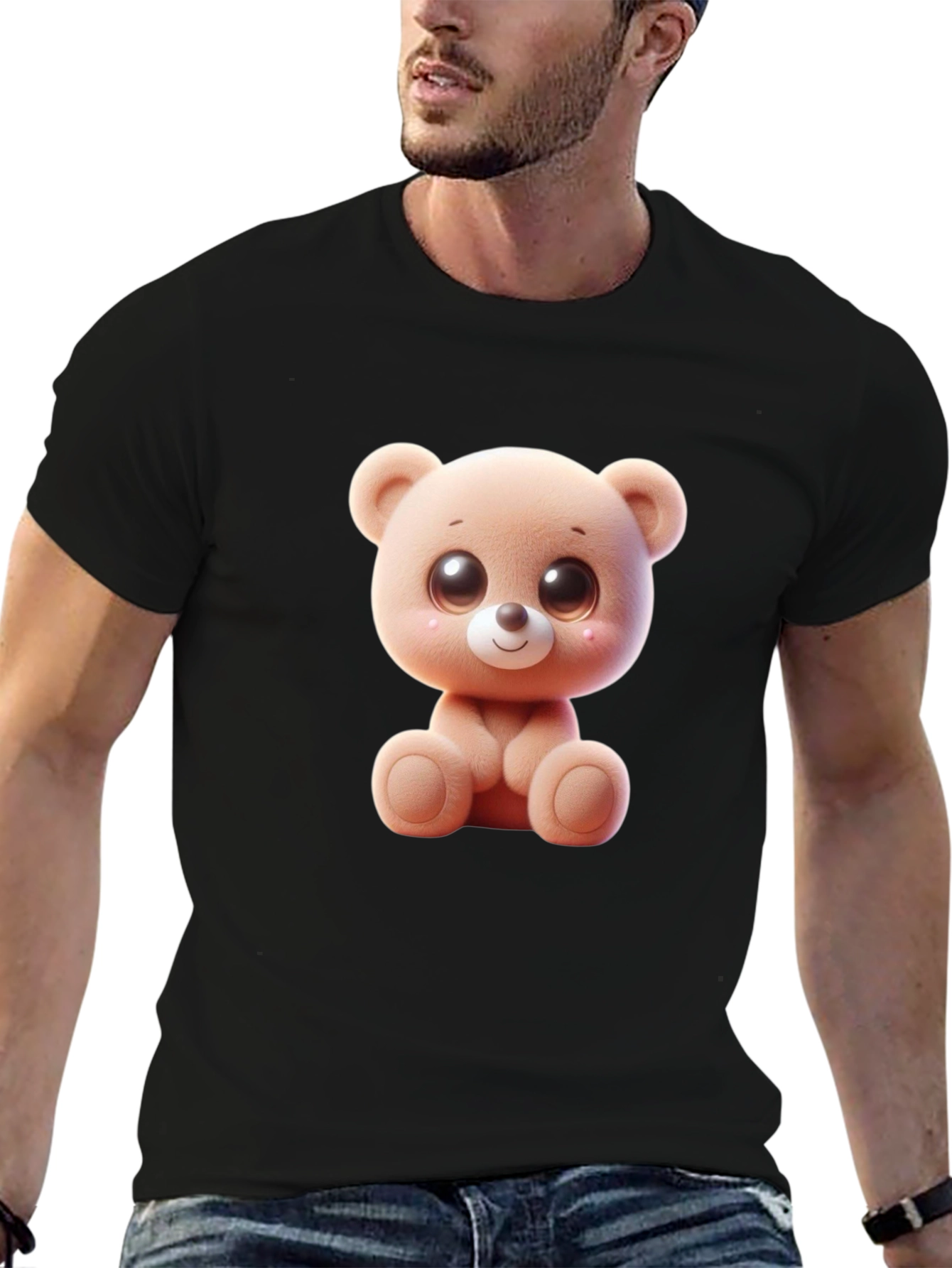 Cute Cartoon Teddy Bear Graphic Black T-Shirt