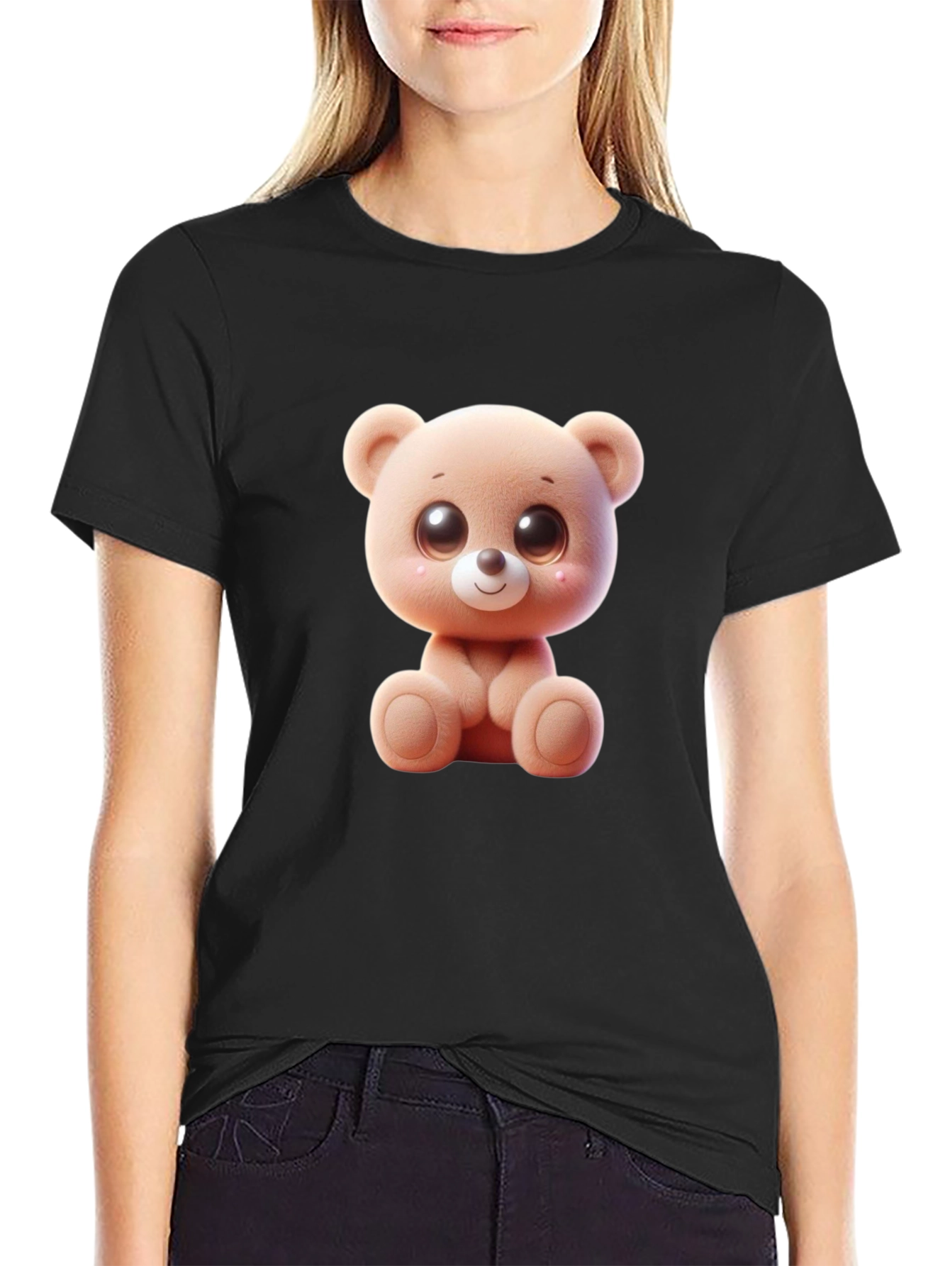 Cute Cartoon Teddy Bear Graphic Black T-Shirt